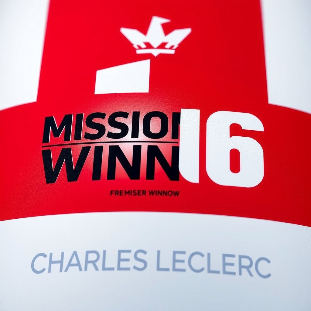 A close-up shot of a sleek and modern "MISSION WINNOW" logo with bold, giant text '16' emblazoned across it. The logo is set against a vibrant Monaco flag background, with the red and white stripes subtly gradient-shaded for depth. At the bottom, the powerful font boldly proclaims 'CHARLES LECLERC', the iconic driver's name in sharp relief.