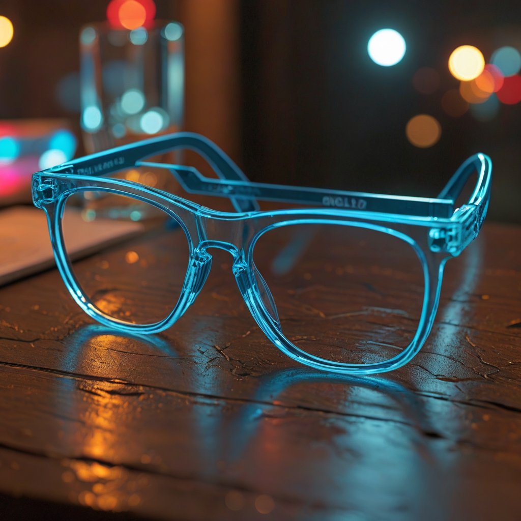 BLUE neon DJ glasses, skull, transparent, overview, place on the table