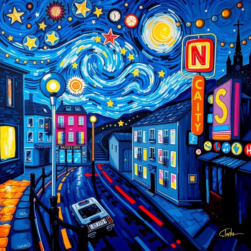 a neon city at night, blue neon light, oil painting, Vincent van Gogh, starry starry night