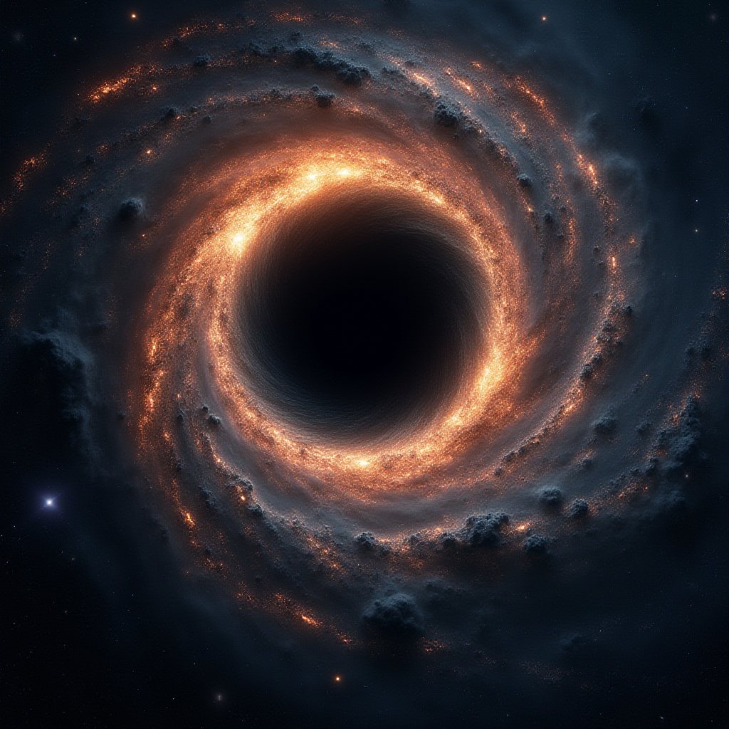 A cosmic horror unfolds: a massive black hole, its event horizon a swirling vortex of darkness, slowly 'eats' a majestic spiral galaxy. Stars and planets are consumed by the void, their light extinguished as they're pulled into the abyss. The galaxy's wheel-like structure appears distorted, like a pinwheel being torn apart.