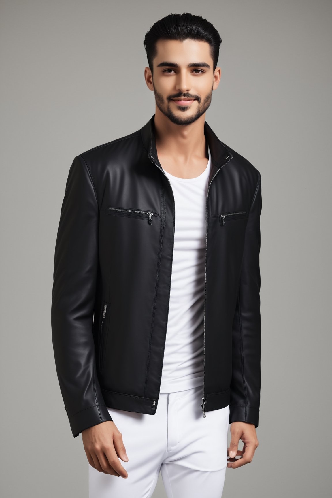  men, young, handsome, attractive, good looking, six pack, cool, attitude, smile, sharp eyebrows, long hairstyle, shiny smooth hair, black long hair, white fabric pant, black jacket, shoes, sneaker, cool posed, indoor, home, 4k, high-quality, ultra realistic, photorealistic, sharp detaild ,Stylish,Man,Portrait