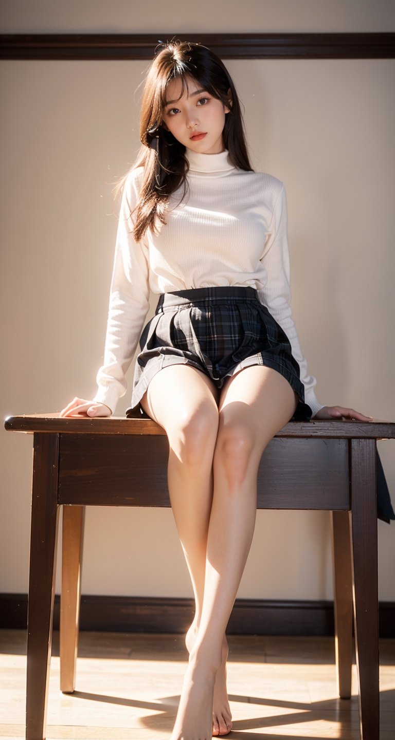 Masterpiece, highest quality, 8K, RAW photo, 1 beautiful Japanese girl, 17 years old, cute face, (uniform length hairstyle: 1.2), (one length), beautiful shiny black hair, straight hair, innocent  Skin, pale skin, calm expression, Japanese high school uniform, (long pleated plaid skirt), in the classroom, ((whole body to toes)), her bare feet, beautiful long legs, sitting on a chair, (white  Tight turtleneck top), ((white tight shorts)), ((show off)), big breasts, angle from below, head tilt, room dimly lit, evening, dusk, magic hour, realism, Portreit, original photo,  photography, 1 girl