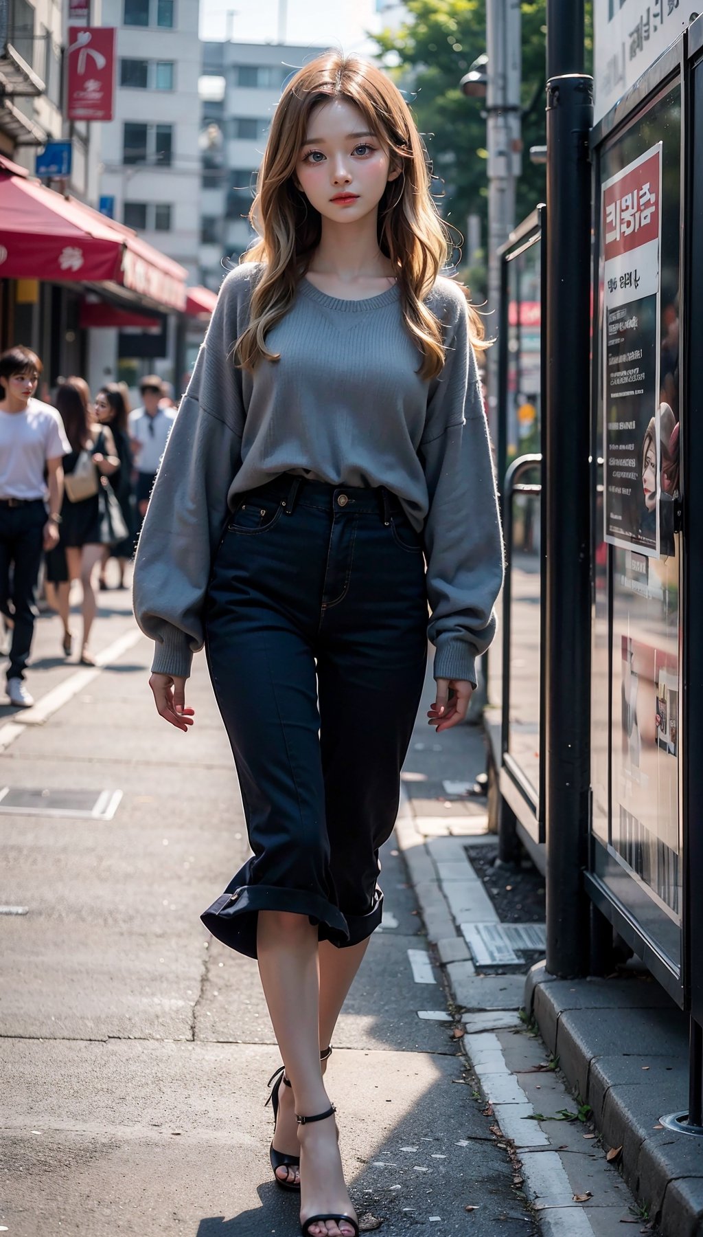 18-year-old girl, tops of various styles, bottoms of various styles, casual pose, real, wearing high heels, high quality, wavy blond hair, realistic eyes, background scene walking on a commercial street, Korean style