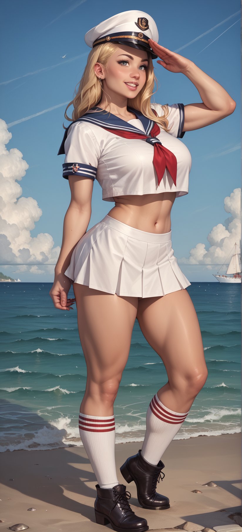 score_9, score_8_up, score_7_up, source_anime, BREAK, 1girl, tanned girl, pinup_pose, big_breasts, large_breasts, emormous_breasts, sailor suit, sailor_hat, midriff, socks, miniskirt, (sea_setting:1.5), saluting_with_one_hand, military_salute, hand_on_hip, sailor_shirt, blonde, full_body, booties