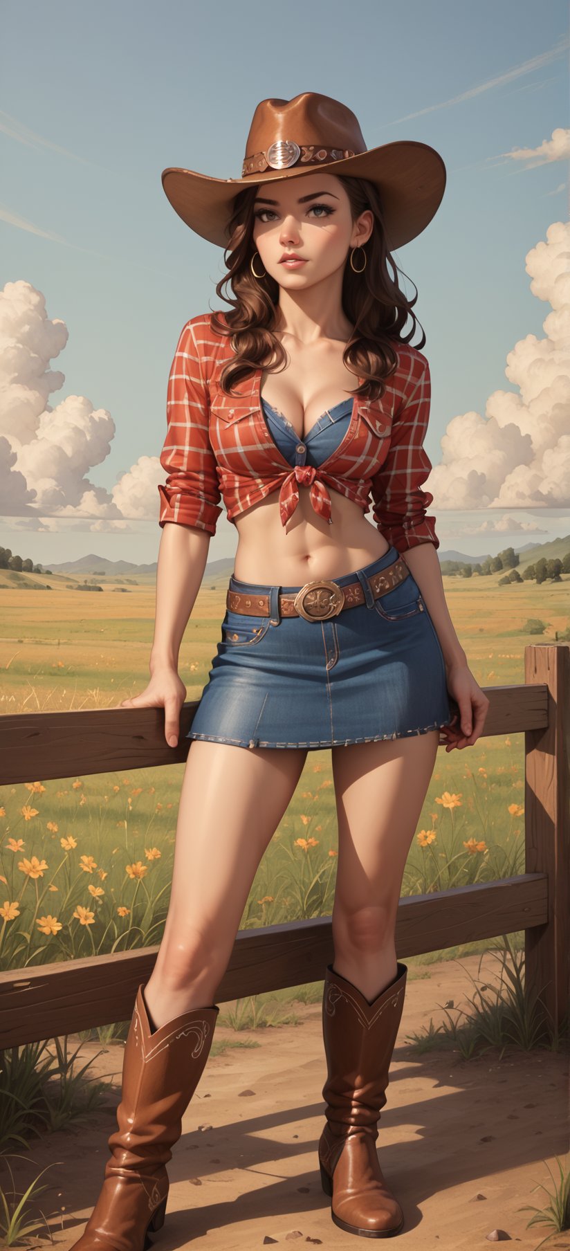 score_9, score_8_up, score_7_up, source_anime, BREAK, 1girl, standing, cowgirl, brunette, cowboy outfit, skirt, cowboy hat, white_top, cleavage, bare midriff, cowboy boots, belt, outdoor, field, farmlands