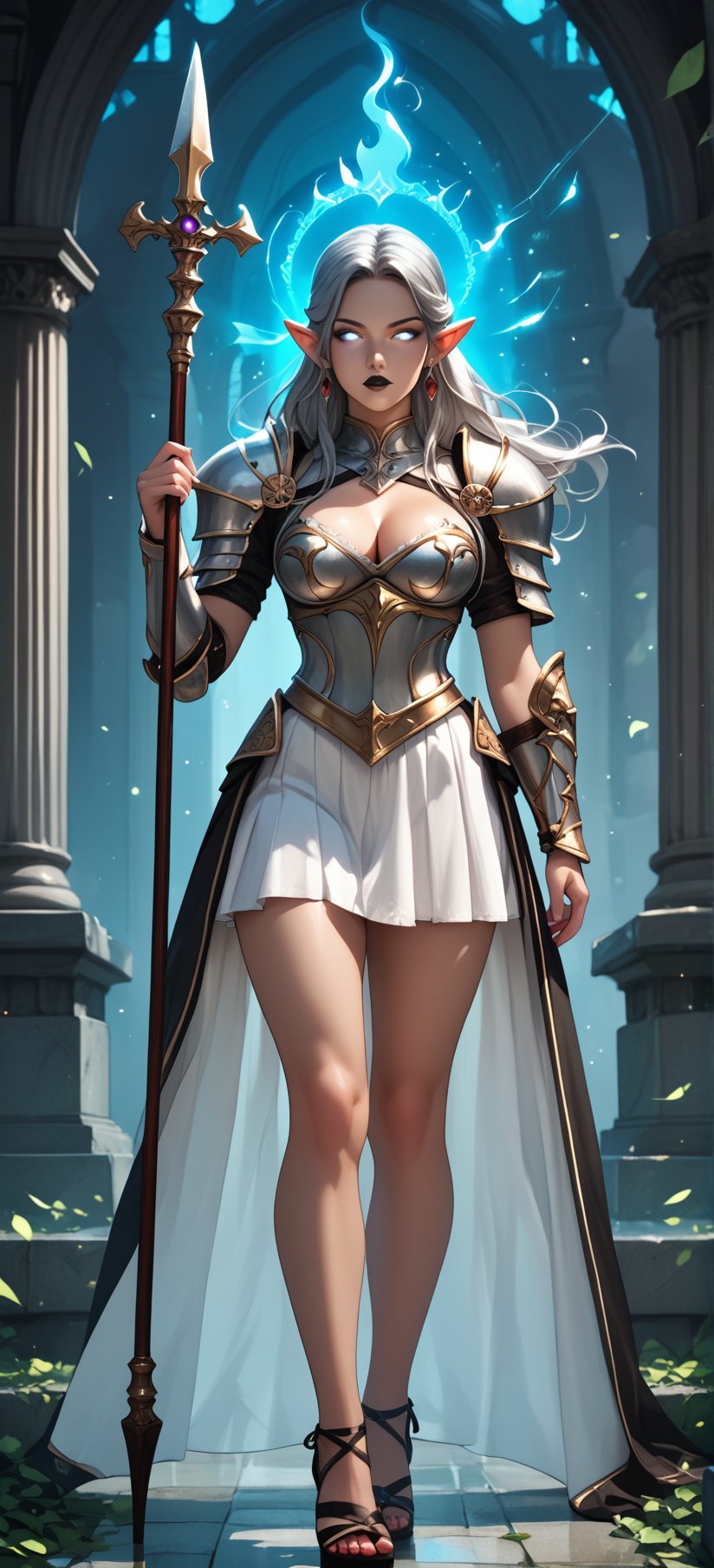 score_9, score_8_up, score_7_up, rating_explicit, BREAK, 1girl, bosomy elf princess, black_hairs, glowing_eyes, black_lipstick, magic, large_breast, perfect_body, fair_skin, knight armor, paladin, armor, silver_eyes, short_skirt, miniskirt, art deco theme, standing in a marble villa, light filtering through the leaves, cleavage, sandals, heels, extremely ornate, gorgeous, caravaggio style, chiaroscuro, perfect shading, full_body, holding_spear,leaning_on spear, staff, spear