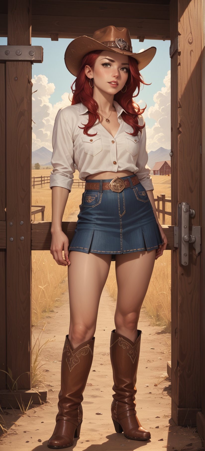 score_9, score_8_up, score_7_up, source_anime, BREAK, 1girl, standing, cowgirl, red hairs, cowboy outfit, skirt, cowboy hat, cowboy boots, outdoor