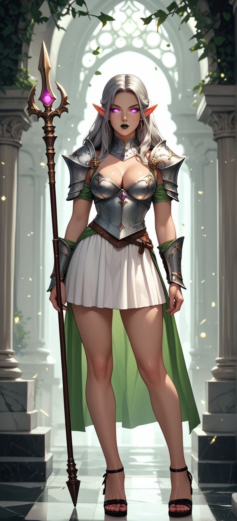 score_9, score_8_up, score_7_up, rating_explicit, BREAK, 1girl, bosomy elf princess, black_hairs, glowing_eyes, black_lipstick, magic, large_breast, perfect_body, fair_skin, knight armor, paladin, armor, silver_eyes, short_skirt, miniskirt, art deco theme, standing in a marble villa, light filtering through the leaves, cleavage, sandals, heels, extremely ornate, gorgeous, caravaggio style, chiaroscuro, perfect shading, full_body, holding_spear,leaning_on spear, staff, spear