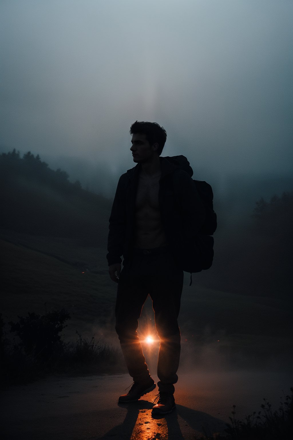 Generate a high-quality and enigmatic image featuring a shirtless man standing contemplatively on the hill top with blood rain falling. foggy srounding, Infuse the scene with an air of mystery, emphasizing the interplay of light and reflections of the plane's surface. Utilize generative techniques to capture the details of the man's silhouette against the sky, creating an image that sparks intrigue land invites viewers to ponder the untold story behind the atmospheric setting. Consider simulating the use of a professional camera, such as a Nikon Z7, to achieve a high-resolution shot that accentuates the mystique of the scene with nuanced red light and fog play, full body ,bright srounding, colour of fog is multiple.