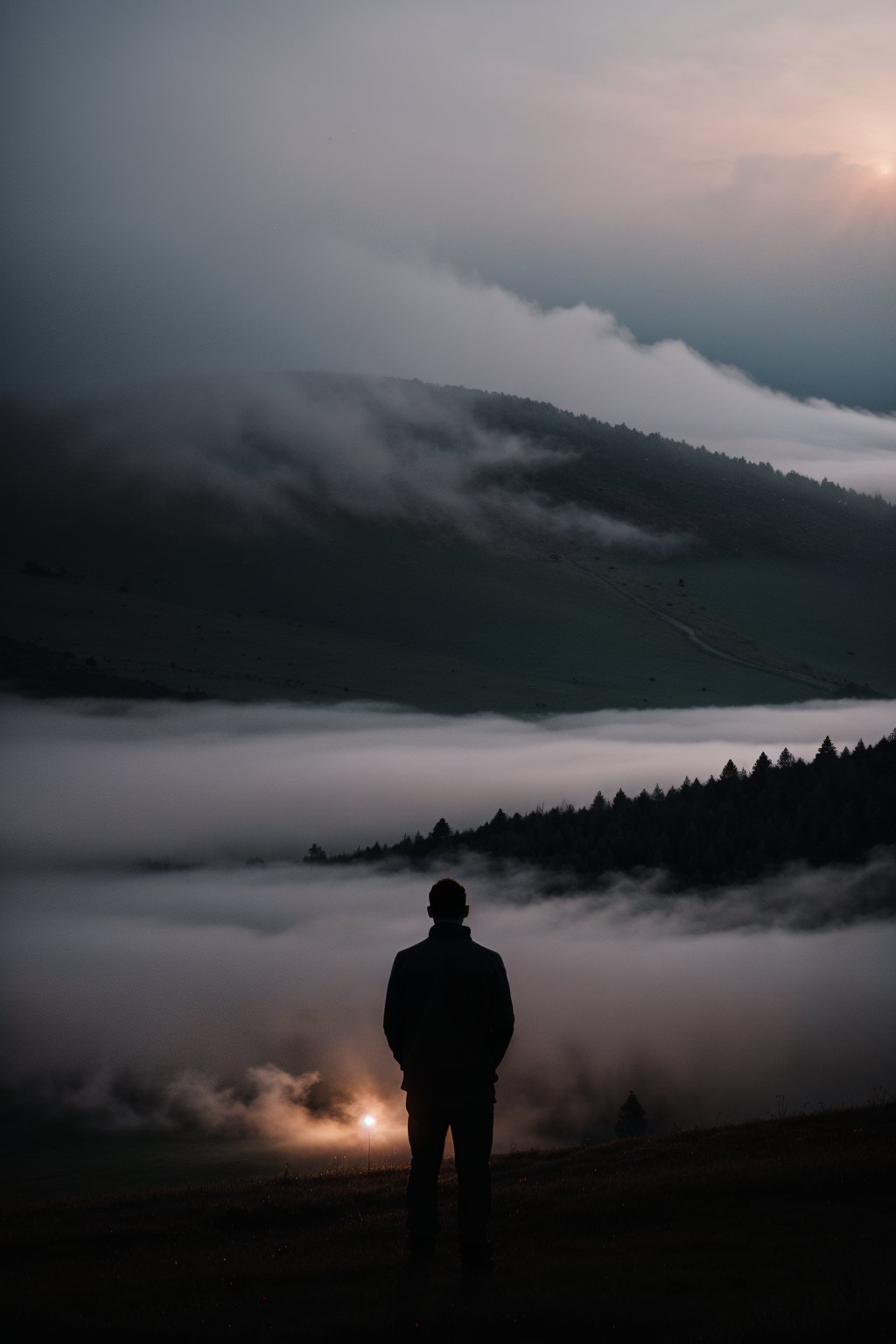 Generate a high-quality and enigmatic image featuring a shirtless man standing contemplatively on the hill top with blood rain falling. foggy srounding, Infuse the scene with an air of mystery, emphasizing the interplay of light and reflections of the plane's surface. Utilize generative techniques to capture the details of the man's silhouette against the sky, creating an image that sparks intrigue land invites viewers to ponder the untold story behind the atmospheric setting. Consider simulating the use of a professional camera, such as a Nikon Z7, to achieve a high-resolution shot that accentuates the mystique of the scene with nuanced red light and fog play, full body ,bright srounding, colour of fog is multiple.