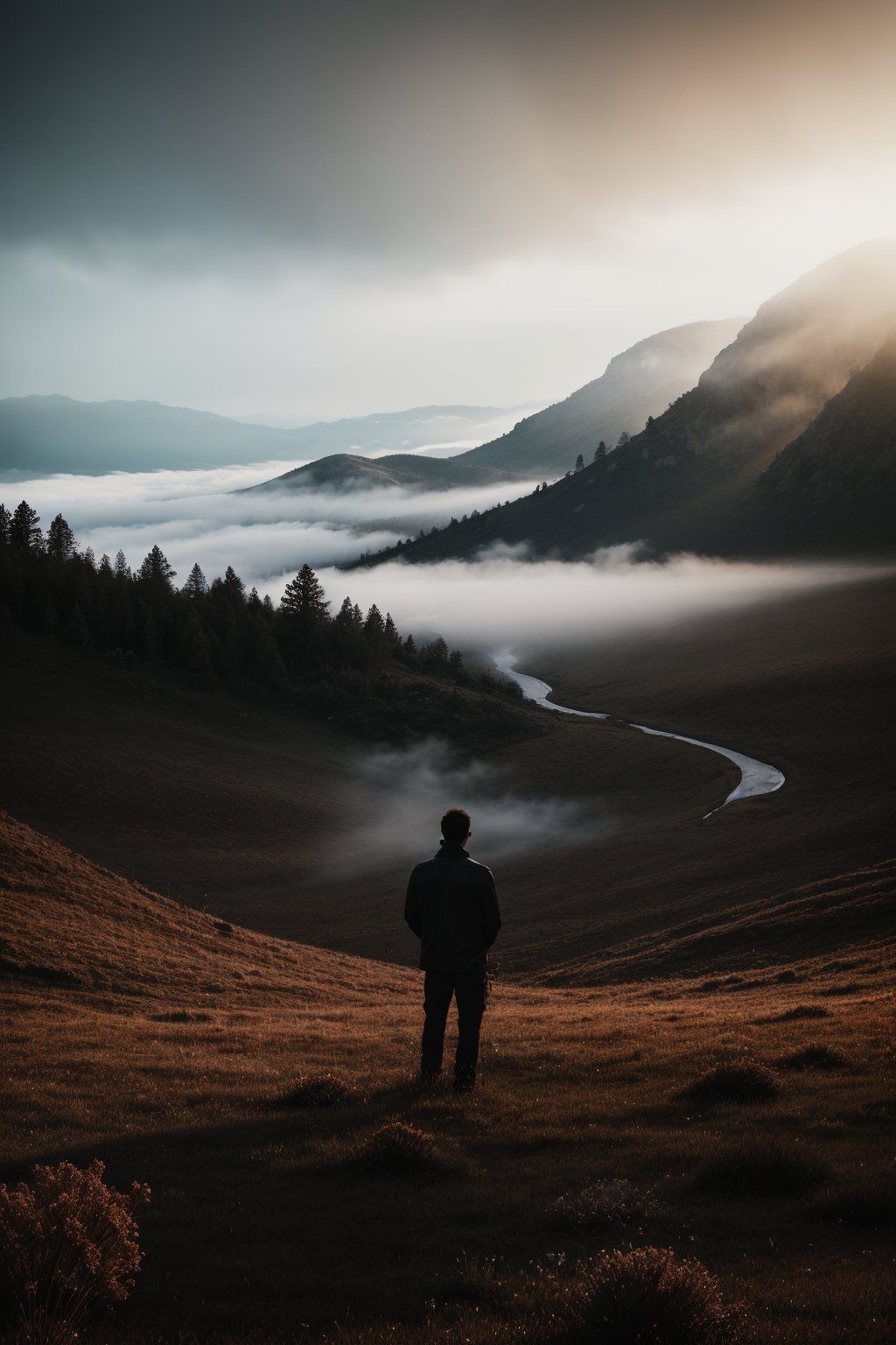 Generate a high-quality and enigmatic image featuring a shirtless man standing contemplatively on the hill top with blood rain falling. foggy srounding, Infuse the scene with an air of mystery, emphasizing the interplay of light and reflections of the plane's surface. Utilize generative techniques to capture the details of the man's silhouette against the sky, creating an image that sparks intrigue land invites viewers to ponder the untold story behind the atmospheric setting. Consider simulating the use of a professional camera, such as a Nikon Z7, to achieve a high-resolution shot that accentuates the mystique of the scene with nuanced red light and fog play, full body ,bright srounding, colour of fog is multiple.