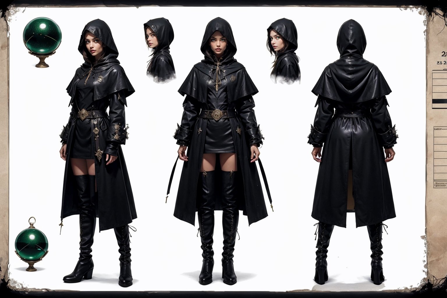 (CharacterSheet:1), sole_female, "a 23 year old sorceress, black hair, green eyes, black leather hood, black leather long boots, gazing into a crystal ball, medeval wizards castle.",