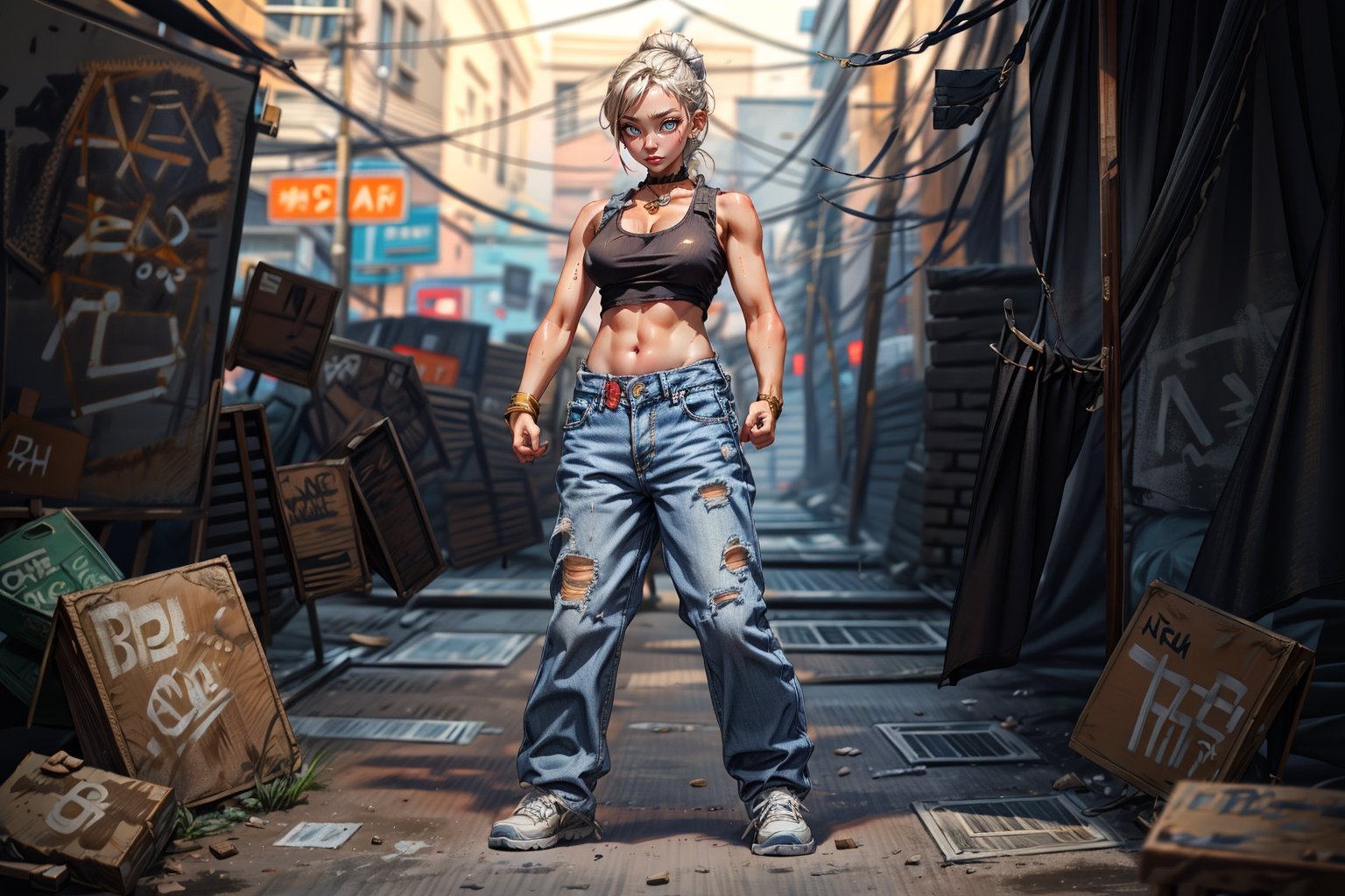 solo_female, perfect proportions, street dancer, shuffle dance, baggy jeans, sneakers, white tank-top, jewelery, standing in front of cinderblock wall, rubble, graffitti, Young beauty spirit ,photo of perfecteyes eyes,JeeSoo ,