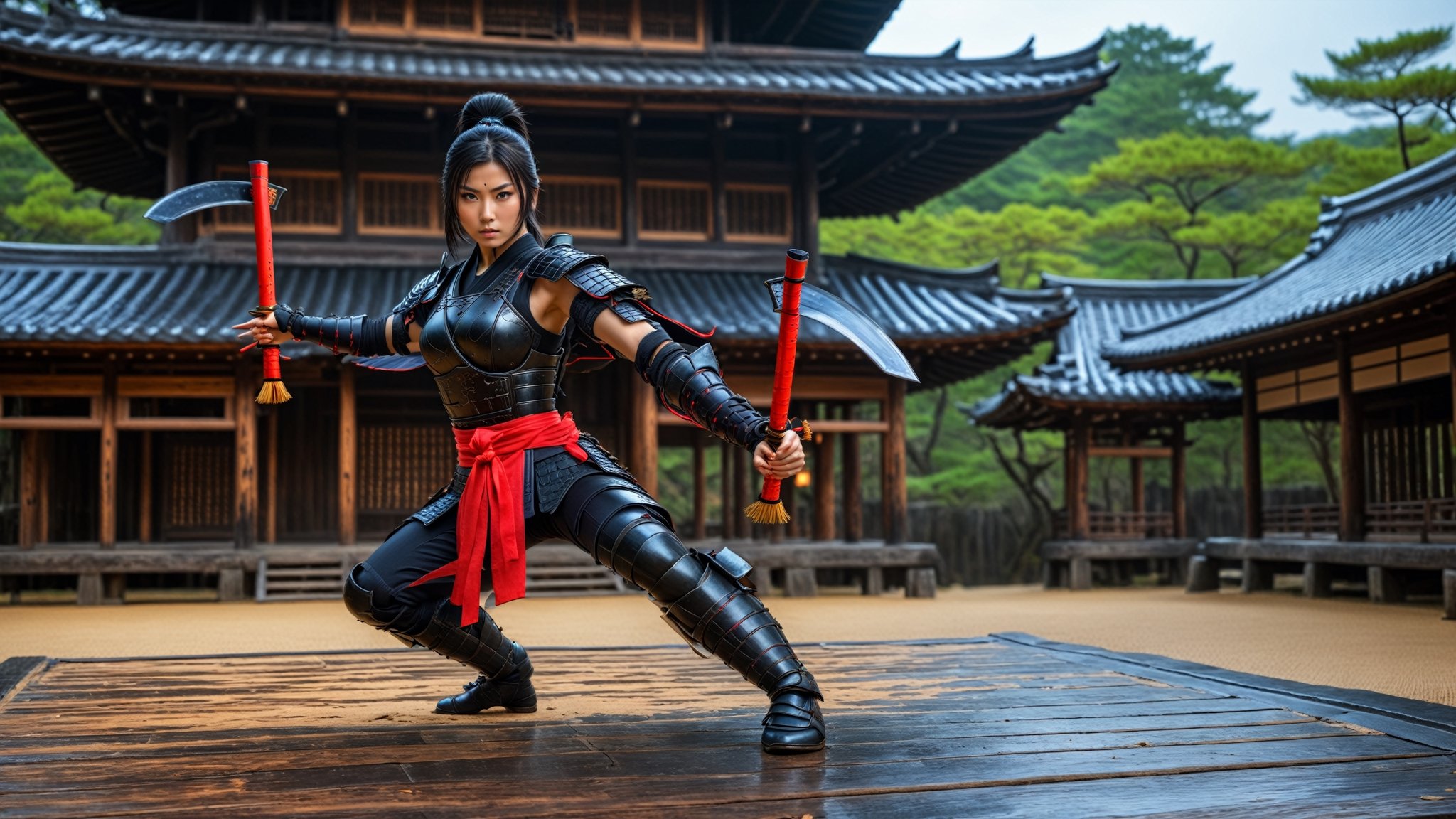 photographic, super realistic, masterpiece, 4K, HDR, quality image, cinematic, 
action_pose, 
fantasy, 
"a female ninja in black armor holding Kama stands ready for battle at in an ancient japanese wooden temple.", wet ground