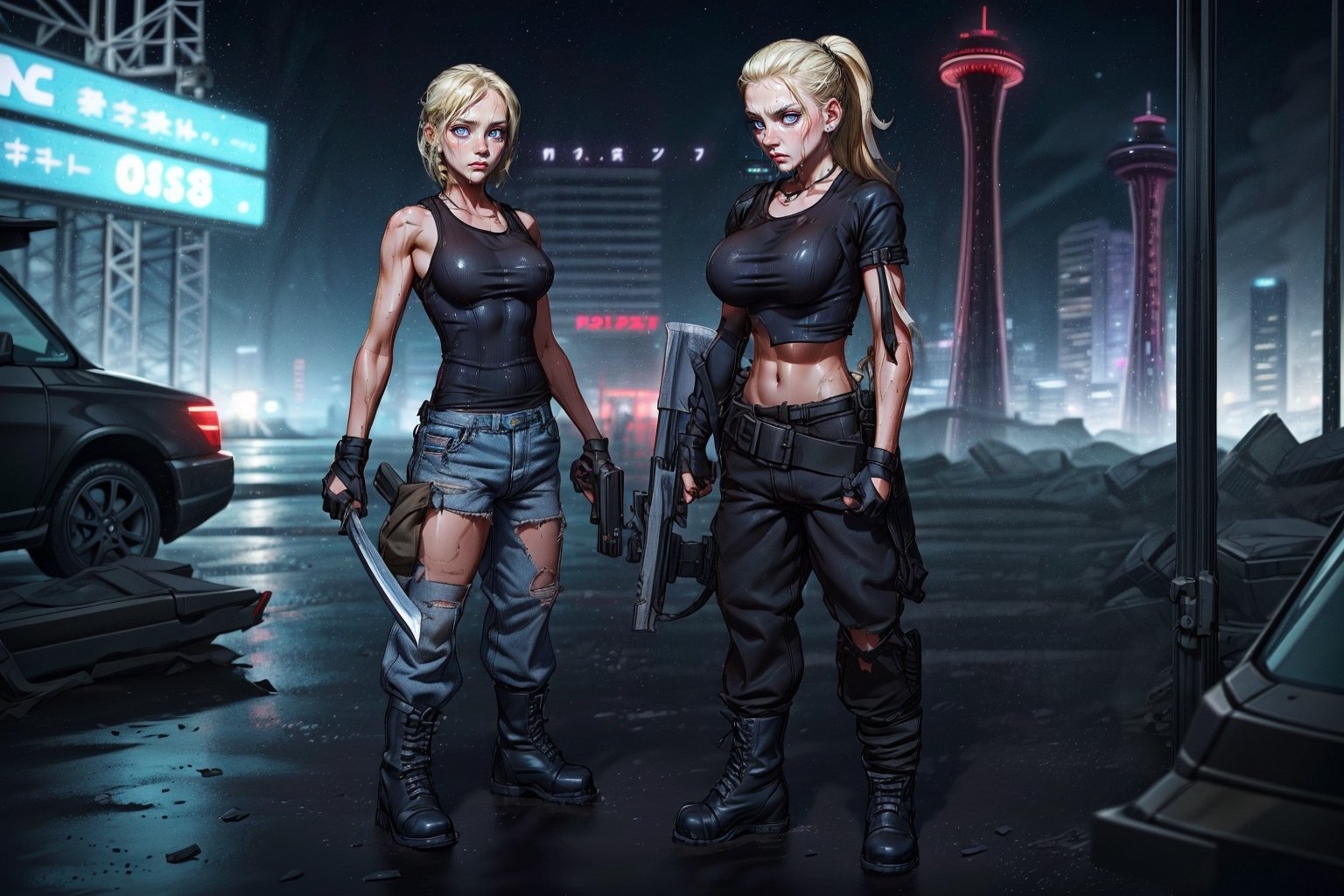 angry two_female, blonde hair dark hair, black combat boots, ripped jeans, black tshirt white tanktop, holding a machette, holding gunsl, walking through a post apocolyptic seattle, wet ground, blurred space needle in the background, Young beauty spirit ,photo of perfecteyes eyes,JeeSoo ,