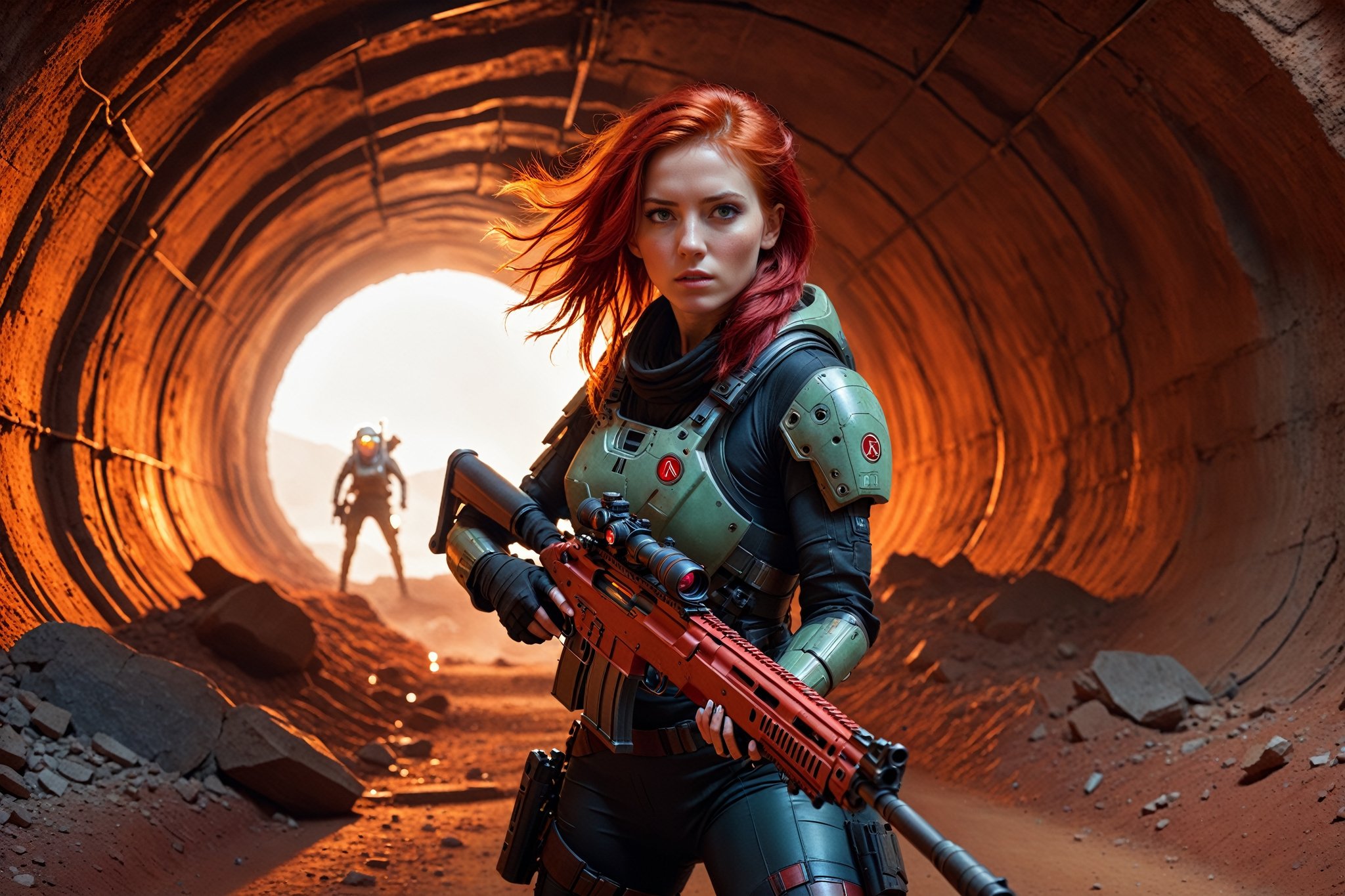 photographic, super realistic, masterpiece, 4K, HDR, quality image, cinematic, 
action_pose, 
sci-fi, 
"A 23 year old woman with red hair aims a rifle down an abandoned mining tunnel on mars.",
