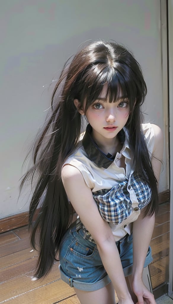 1girl, solo, long hair, hot short pants, sleeveless shirt, black hair, standing, white shirt, short sleeves, indoors, blunt bangs, plaid, feet out of frame, realistic, side back, messy twin tails hair, hyper realistic, dynamic angles from above, ((cute angry)), cat_collar,
