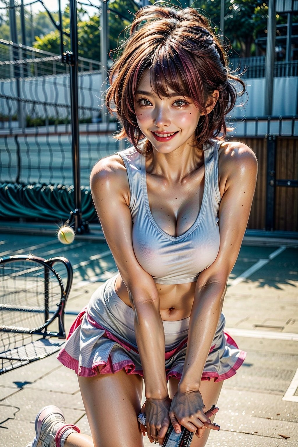 (masterpiece), best quality, highly detailed, face and skin, realistic photo, white tone color image, (expressive eyes, perfect face, detailed lips, beautiful face, smile, cute), 1girl, pink hair, short hair, big breast,panty shots, tennis clothes, tennis court,high leg,full body shot,tennis shoes
