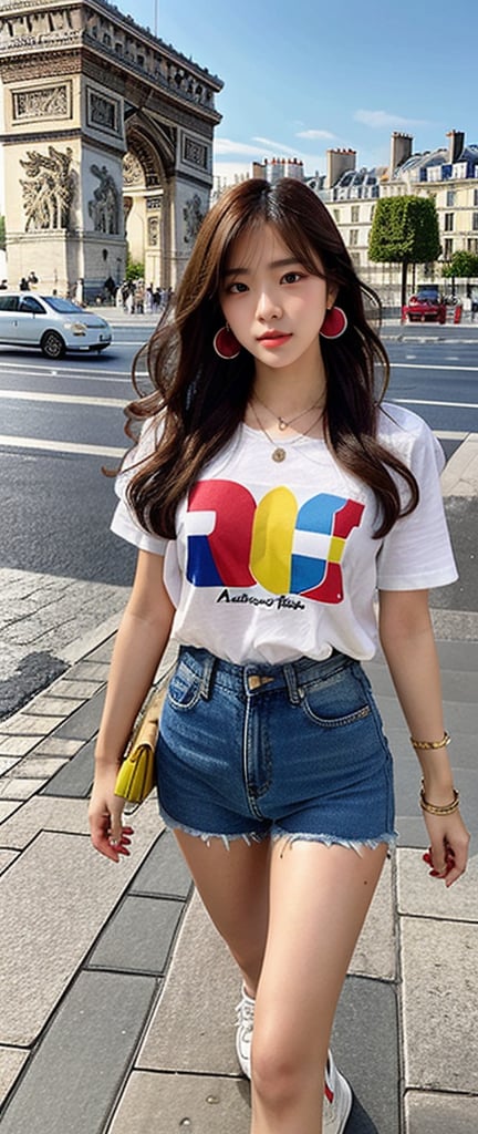 16-year-old Korean woman, long brown hairstyle, simple and fashionable colorful T-shirt and shorts, blue jeans and sneakers, white sneakers, walking on the Arc de Triomphe in France, background, smile, earrings, necklace, 150cm, ( Luan Mei), nice smile,