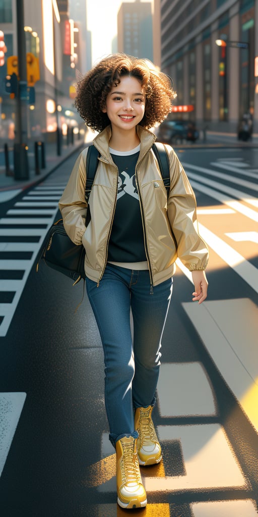 1 girl,short hair,curly hair,smile,wearing wind jacket,school uniform and rain boots(yellow color),backpack,she is walking on street,crosswalk,Best Quality, 32k, photorealistic, ultra-detailed, finely detailed, high resolution, perfect dynamic composition, beautiful detailed eyes, sharp-focus, cowboy_shot,