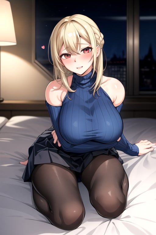 Masterpiece, best quality, (solo: 1.3), huge breasts, blonde, dark eyes, looking at the viewer, sexy, curvaceous, blue turtleneck, blouse, long sleeves, outfit, skirt, red eyes, stockings masterpiece, looking at viewer, blushing, sexy pose, medium breasts, bare shoulders