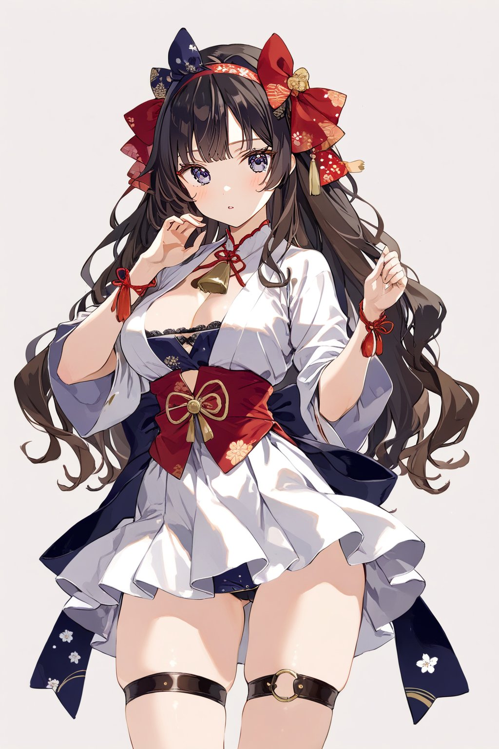 1girl, solo, long hair, blue eyes, skirt, brown hair, brown hair, black hair, dress, bow, ribbon, headband, wrist cuffs, brown eyes, thigh strap, tassel, Japanese clothing, sexy