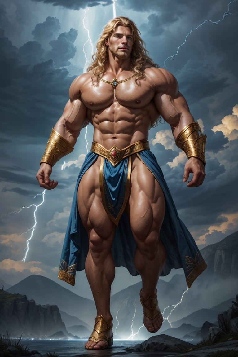 Description of Zeus, King of the Gods:

Age: As an immortal deity, Zeus exists beyond mortal concepts of age. He appears timeless, embodying the eternal essence of divine power.

Height: Towering over mortals and gods alike, Zeus stands at an impressive height of 7 feet (213 cm), his imposing figure commanding the heavens.

Weight: Zeus's physique is muscular and well-built, reflecting his godly strength and prowess in battle. Though weight is irrelevant to an immortal, his form suggests a considerable mass befitting his divine status.

Physique: Zeus possesses a regal and imposing physique, with broad shoulders and a powerful chest that exude strength and authority. His body is sculpted with the grace of a warrior and the majesty of a king, a testament to his dominion over the cosmos.

Skin: His skin radiates with a golden hue, imbued with the celestial light of the heavens. It is smooth and flawless, reflecting the divine perfection of his immortal essence. 



Hair: Zeus's hair is a mane of flowing locks, cascading in waves of shimmering gold down his broad shoulders. Each strand glows with the radiant brilliance of the sun, a symbol of his divine radiance and power.

Eyes: His eyes are a piercing shade of sky blue, sparkling with the wisdom of the ages and the electric energy of the heavens. They hold the intensity of a thunderstorm, crackling with the power of lightning.

Facial Features: Zeus's face is handsome and regal, with chiseled features that speak of his divine lineage. His jawline is strong and angular, his cheekbones high and pronounced. 

Voice: Zeus's voice booms like thunder, resonating with the force of a hurricane. It commands attention and respect, echoing through the heavens with the power of a divine decree.

Attire: Zeus is often depicted wearing robes that expose his muscular chest of celestial blue and white, adorned with symbols of his divine sovereignty.

Lightning Bolt: Zeus wields the mighty lightning bolt, a weapon of unparalleled power forged in the heart of a storm. It crackles with electric energy, capable of unleashing devastating force upon his enemies.

On top of Mt Olympus.

Center in the frame of the picture, and ensure that the body is directly centered in the photo (photorealistic), with the highest quality photographs, beautiful lighting, best quality, realistic, natural image, natural hair, intricate details, depth of field, highly detailed, eye level, confident look, anatomically correct, beautiful lighting, best quality, realistic, natural image, natural hair, intricate details, depth of field, highly detailed, eye level, confident look, anatomically correct, Fujifilm XT3, outdoors, beautiful, atmospheric glow, RAW photo, 8k uhd, Bright Movie Cinematic Lighting, (RAW photo, best quality), best lighting, crotch_bulge, Extremely Realistic, Ultra realistic,aw0k dalle,Movie Still, Masterpiece
,Hyper detailed muscle,Pectoral Focus,Vampirism, bulge.,character,big muscles ((Blue glowing veins are visible on arm, legs, chest, neck)),big muscles,hooved legs