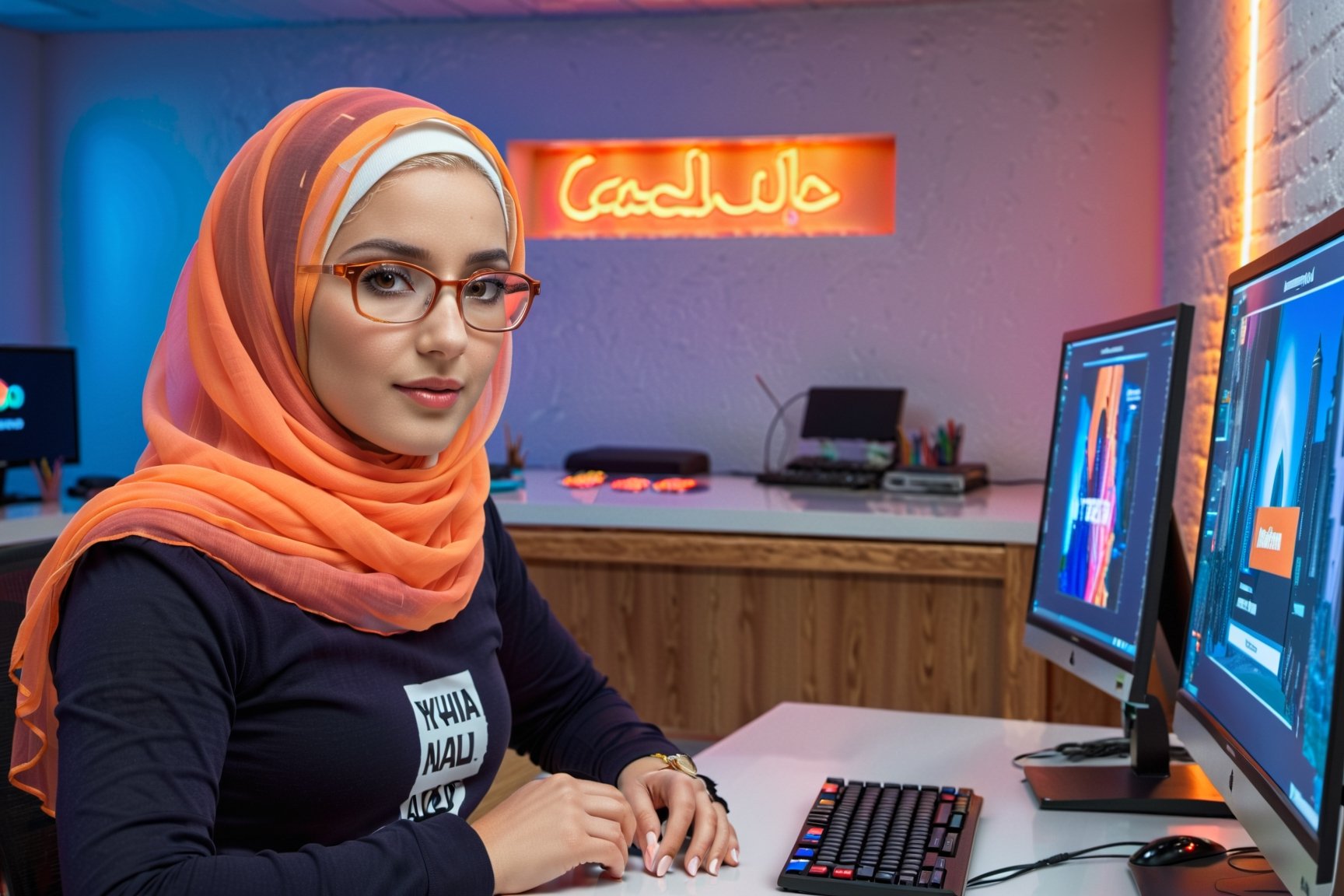 (best quality, 4k, 8k, highest, masterpiece: 1.2), highly detailed, (realistic, photorealistic, realistic: 1.37), beautiful, white-skinned, Muslim girl wearing an orange hijab, wearing glasses, a media programmer sitting in her office working on Her computer, and behind her on the wall was a group of certificates hanging
 Vibrant colours, neon lights and surreal background