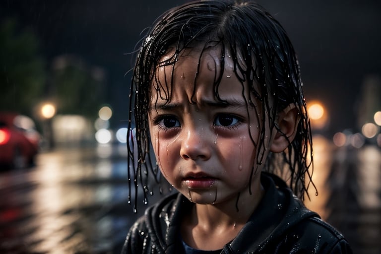 (Dynamic angle: 1.1), (Cute face: 1.2), Dark sky, (Night: 1.2), (Rainy weather: 1.2), Portrait of a sad child crying in the street, looking to the side, (Wet hair), Volumetric light, Masterpiece Artistic, 8K, (best quality: 1.3), (complex detail: 1.1), subsurface dispersion, ultra realistic,
