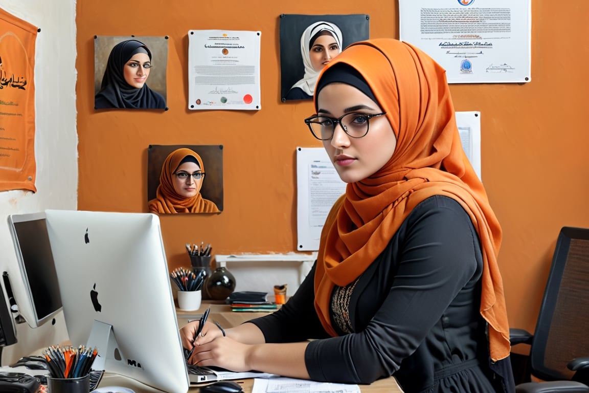 (Best quality, 4k, 8k, highest, masterpiece: 1.2), highly detailed, (realistic, photorealistic, realistic: 1.37), beautiful white Tunisian girl, black dot on face, Muslim woman wearing orange hijab, wearing glasses, media programmer sitting In her office, she is working on her computer, and behind her on the wall is a group of certificates hanging
,oil paint 