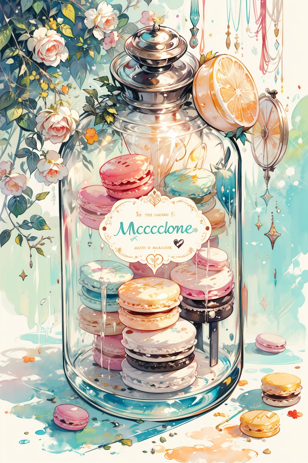 -watercolor, no humans, still life, english text, macarons with cute decoration,