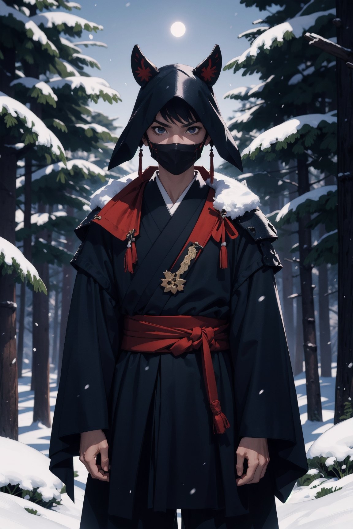 Masterpiece, high_resolution, background_snow  in forest, samurai with mask , perfect lighting,4k, perfect blue night, smooth, midnight, long frame