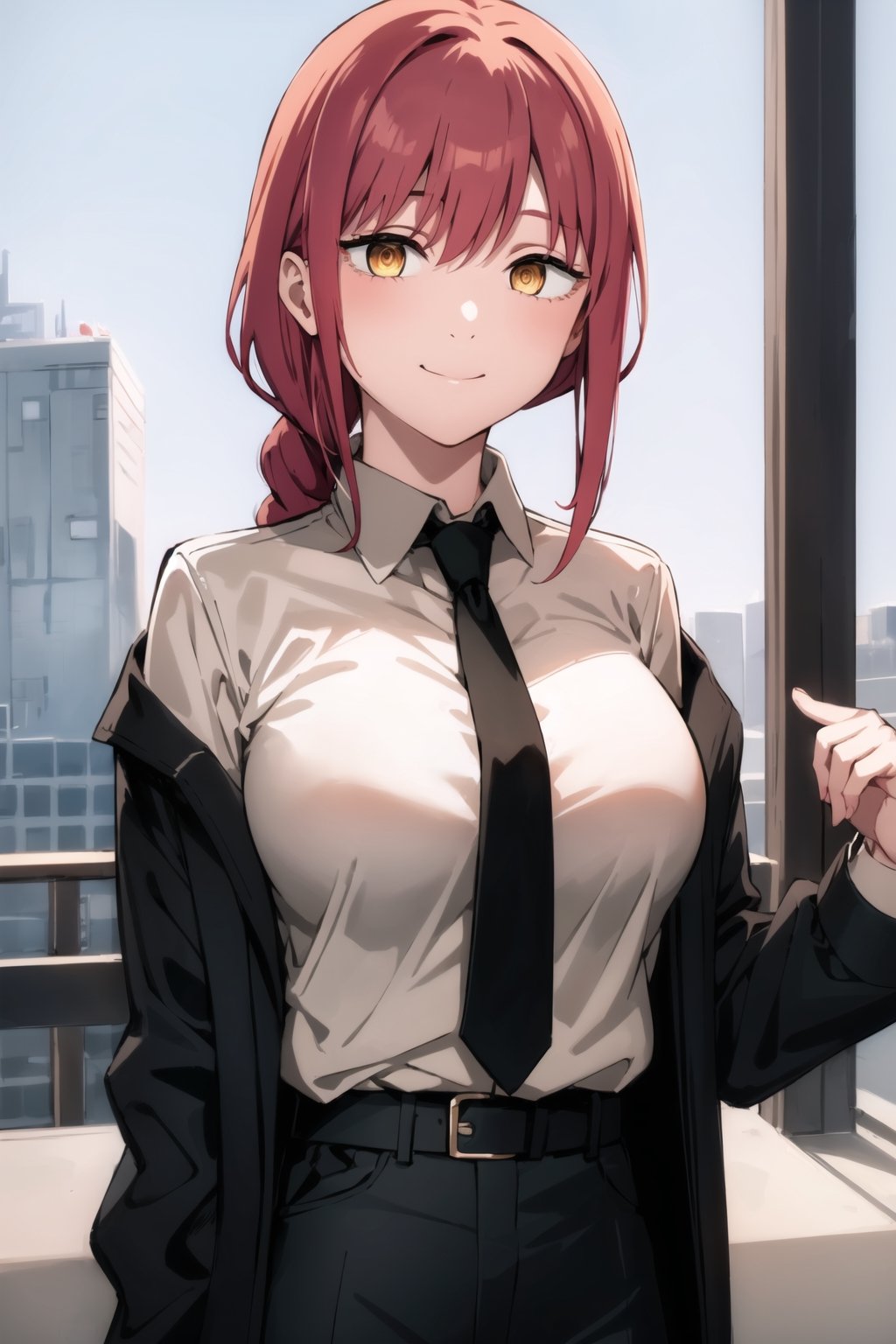 makima-csm, 1girl, solo, masterpiece, high_res, red hair, one long braid, golden eyes, ringed_eyes, elegant suit, black suit jacket, closed jacket, black necktie, white shirt, black pants, lighting, white belt, upper_body, big_boobs, smile, spem in mouth 