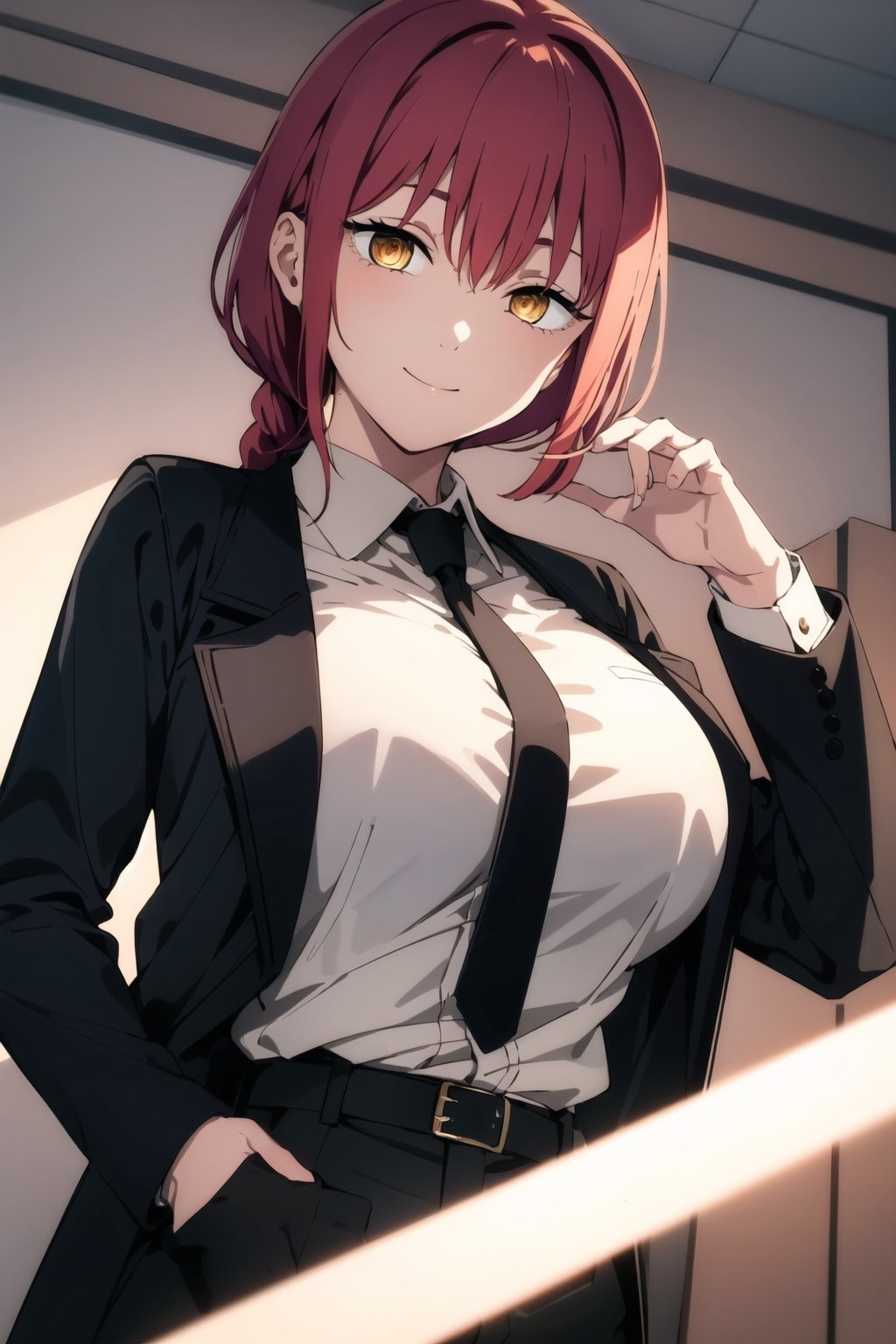 makima-csm, 1girl, solo, masterpiece, high_res, red hair, one long braid, golden eyes, ringed_eyes, elegant suit, black suit jacket, closed jacket, black necktie, white shirt, black pants, lighting, white belt, upper_body, big_boobs, smile