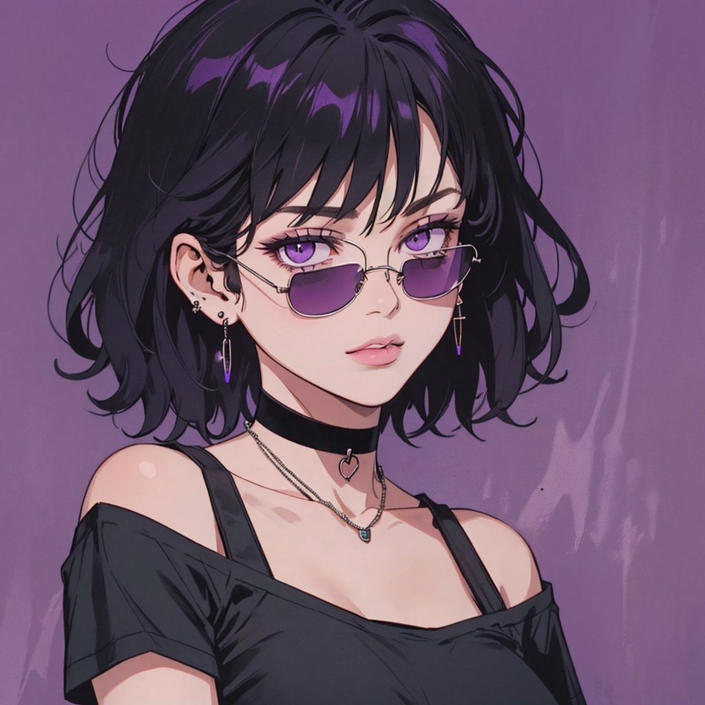 1girl, solo, looking at viewer, short hair, bangs, shirt, black hair, jewelry, purple eyes, collarbone, upper body, earrings, choker, necklace, black shirt, black choker, sunglasses, portrait, purple background, purple theme