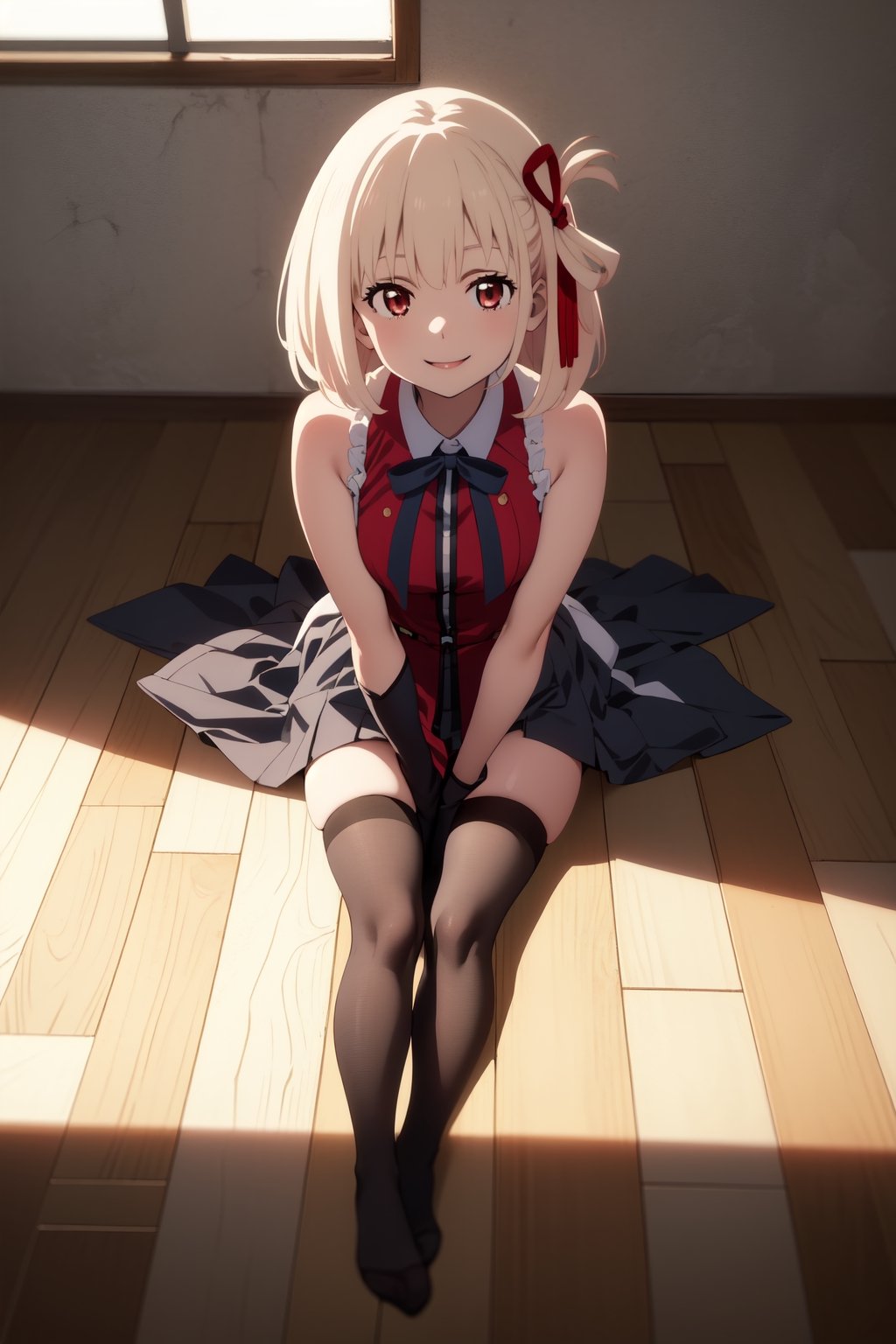 4k, fine detail, masterpiece, high quality eyes, little_boobies, perfect light, soft shadows, best character art, chisato Nishikigi, 1girl, laying on floor, (black stockings), full body view, full clothing, smiling, short girl, squirting