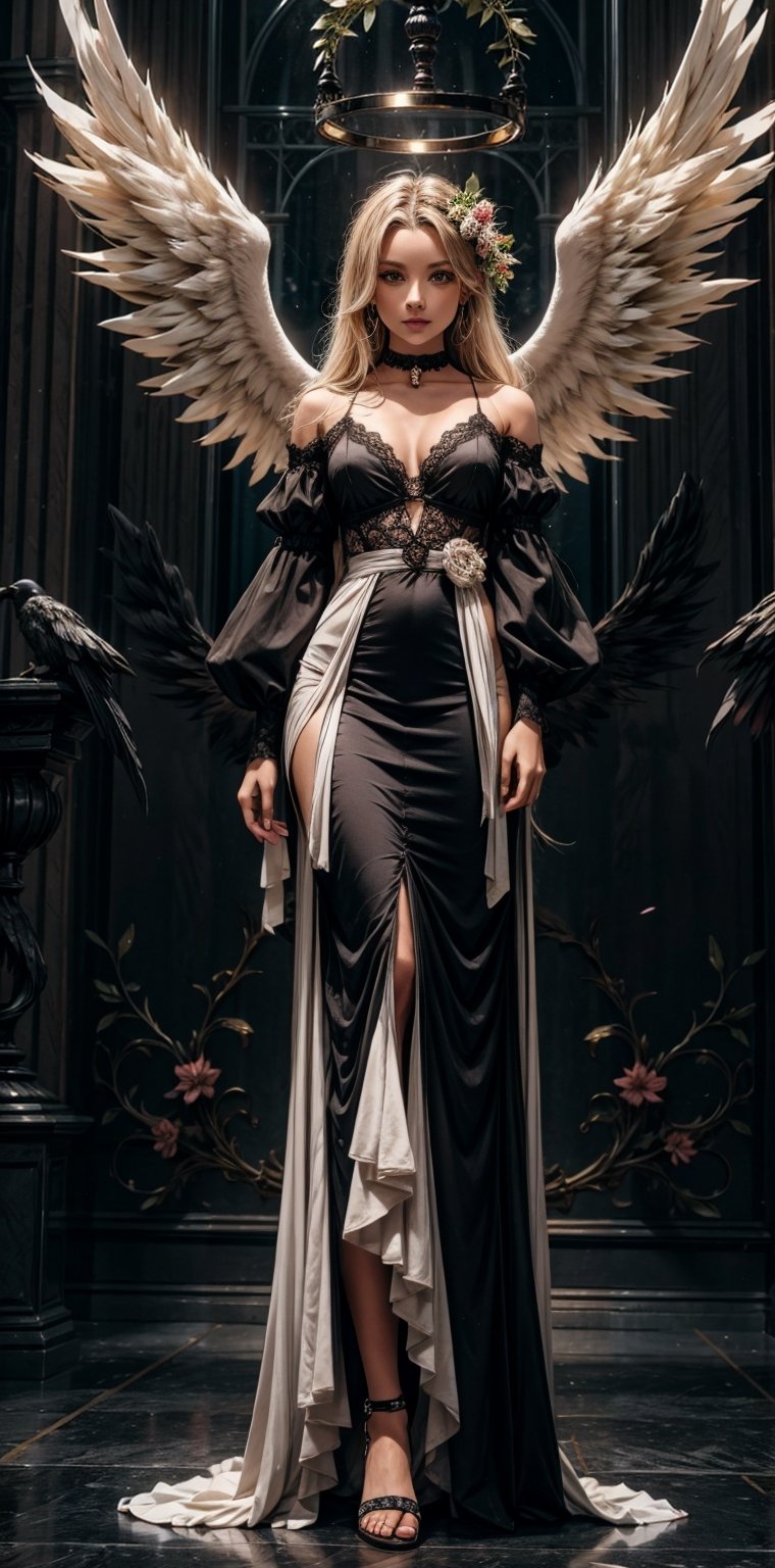 1girl, solo, long hair, looking at viewer, bangs, hair ornament, long sleeves, dress, standing, purple eyes, full body, flower, white hair, wings, choker, hair flower, wide sleeves, black dress, halo, feathered wings, black wings, angel wings, long dress, angel