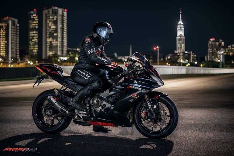 biker, black helmet, male_character, motorcycle,  background, night, race bike, asthetic, spoilers,full bike in frame, full bike picture,highly detaited, 8k, 1000mp,ultra sharp, master peice, realistic,detailed grills, detailed headlights,4k grill, 4k headlights, neon city, great body kit,yhmotorbike