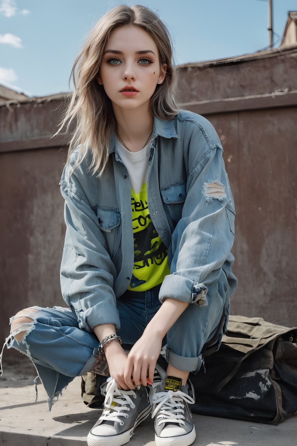 Girl portrait, style by Pajaritito490. Line and ink color painting, 1girl, solo, grunge fashion, distressed jean, oversized ripped flannel shirt layered over graphic band tee, cargo pants, worn-out sneakers paired with neon accent accessories, grey eyes, pale skin, look at viewer,