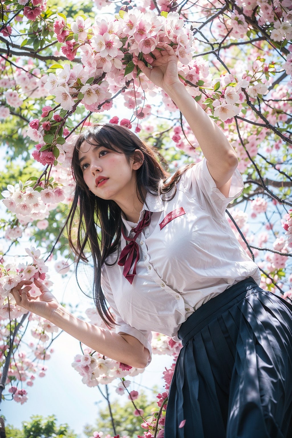 masterpiece,  highest quality,  8K,  RAW photo,
BREAK
1 japanese girl, high school student, school uniform, big breast, (haircut of uniform length), (one length), Beautiful shiny black hair, straight hair, messy hair, pale white skin, white skin, full body to the toes,  beautiful thighs, (navy blue pleated skirt), 
BREAK
profile, looking up, close eyes, standing under the cherry trees, ((Cherry blossom storm)), cherry blossom petals are falling, reach out a hand, ((angle from below)), dimly light,  at night, high_school_girl, best quality,CherryBlossom_background