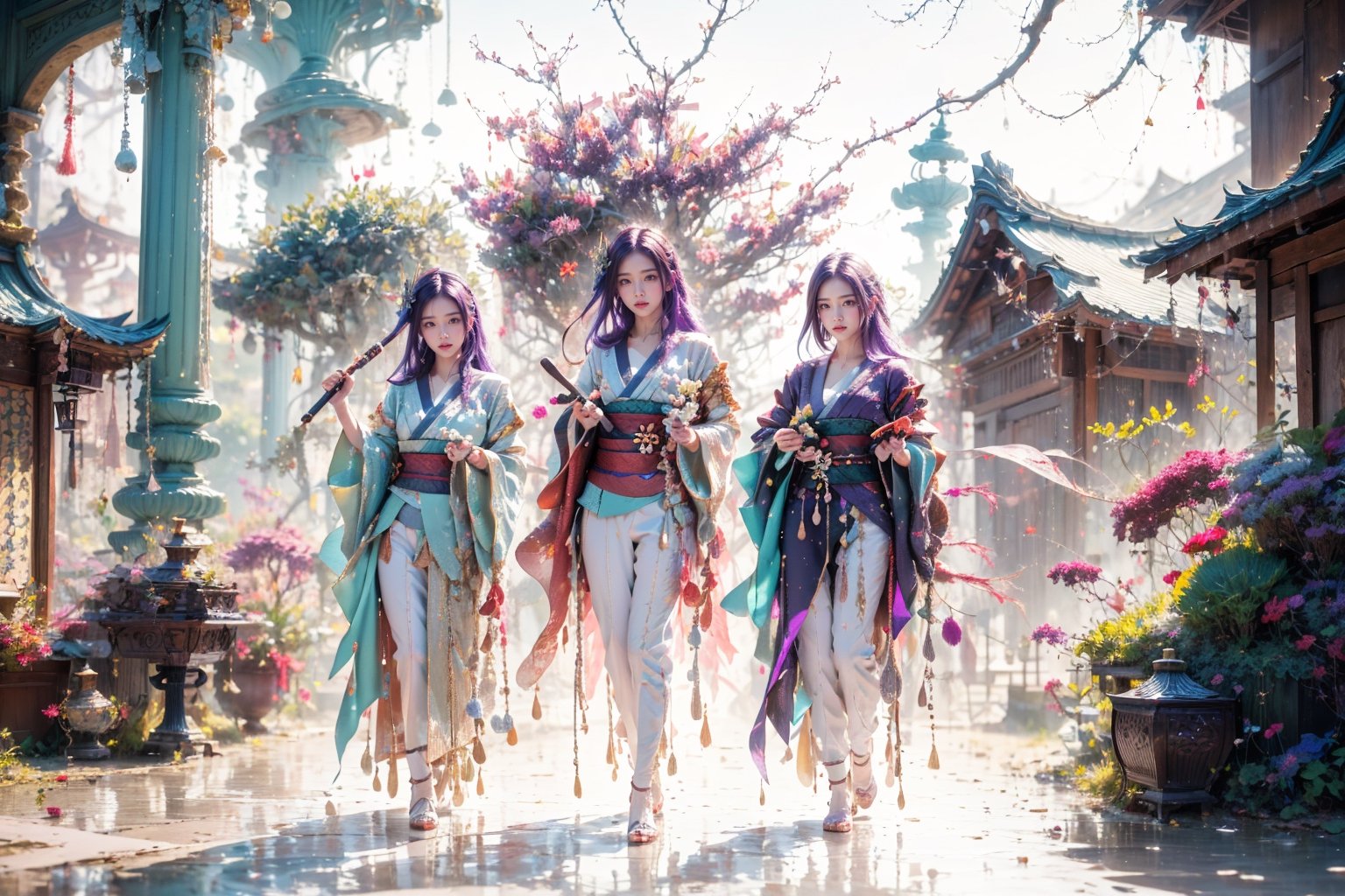 (Masterpiece, highest quality, high resolution, ultra-detailed, 16K, intricate, high contrast, HDR, vibrant color, RAW photo, (photorealistic:1.2), beautiful and aesthetic), cinematic lighting, soft lighting, medium breasts, tall and slim body, group of girls, 3girls, (((Genshin Impact, Raiden Shogun, raidenshogundef, Yae Miko, yaemikodef, Shenhe, shenhedef, long hair, purple hair, pink hair, silver white hair))), glowing hair, looking at the viewer, temple, torii, bonsai forest, evening, neon lights, futuristic, elegant, glowing, mysterious, meditation, magical, mystical, raging sun, eclipse, cosmic, space, galaxy, portal, scenic, iconic, cyberpunk, scifi, neon background, midjourney, GdClth, full body shot