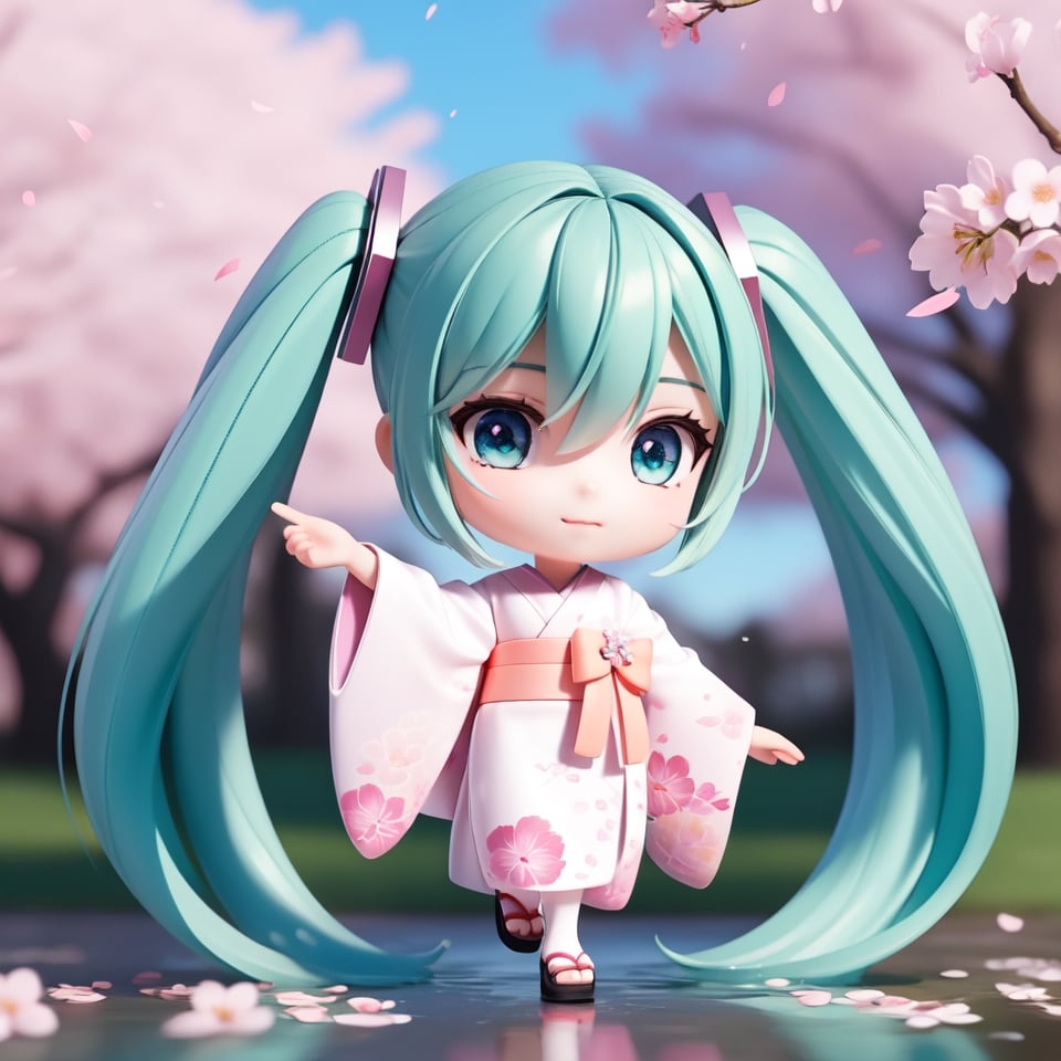 ((1 female)), Hatsune Miku, petite girl, full body, chibi, 3D figure little girl, green hair, twintails, beautiful girl with attention to detail, beautiful delicate eyes, detailed face, beautiful eyes, cherry blossom pattern Kimono, dynamic beautiful pose, cherry blossom viewing, cherry blossoms, cherry blossom petals, natural light, ((real) ) quality: 1.2 )), dynamic long distance shot, cinematic lighting, perfect composition, super detail, official art, masterpiece, (Best Quality: 1.3), Reflection, High Resolution CG Unity 8K Wallpaper, Detailed Background, Masterpiece, (Photorealistic): 1.2), Random Angle, ((Cherry Blossom Print Kimono 1.4)), Side Angle, Chibi, Full Body , mikdef.