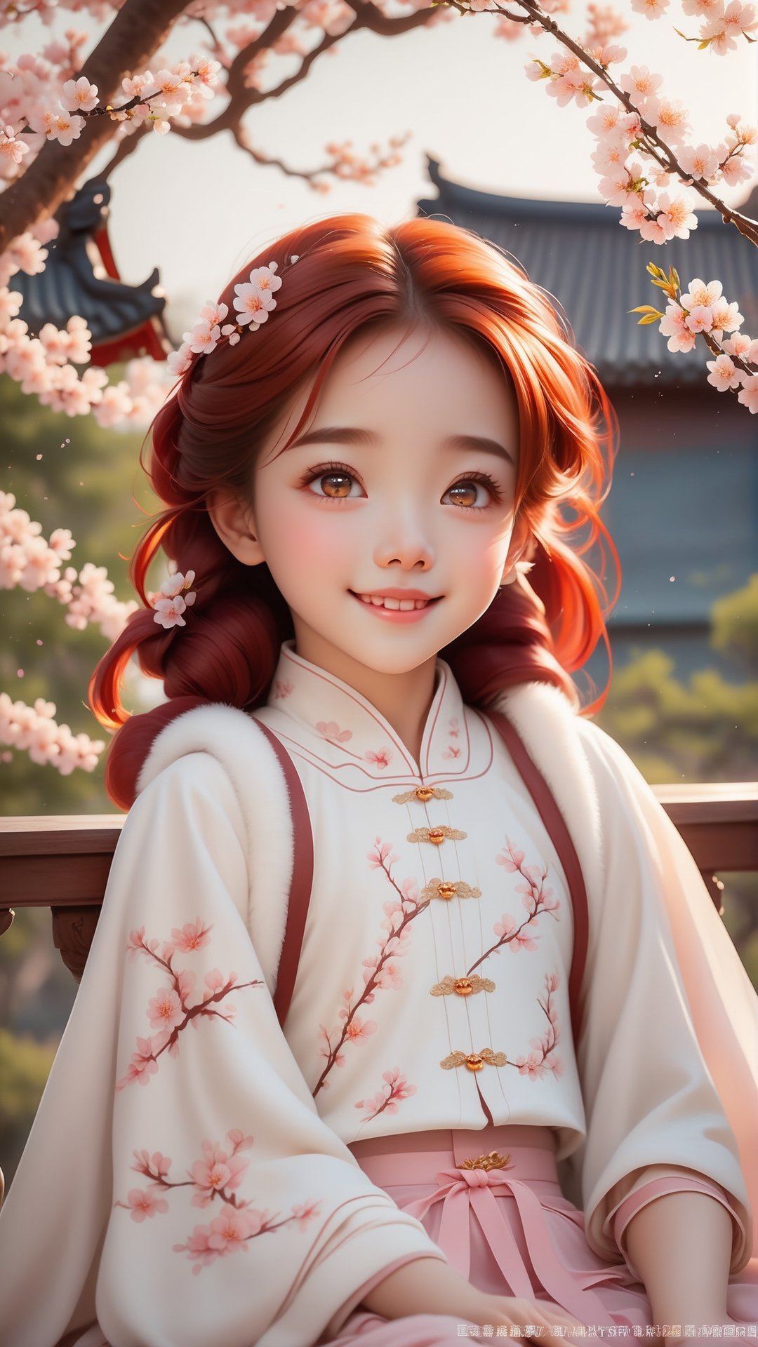 Pixar animated movie scene style, Chinese house style, in the morning light, plum blossom bloom, sunray through the leaves, a beautiful and cute little girl with beautiful eyes, red hair, sitting on the railing, perfect face, smiling happily, 32k ultra high definition, Pixar movie scene style, realistic high quality Portrait photography, eternal beauty, the lantern behind her emits a soft light, beautiful and dreamy, the flowers are in bloom, and the light bokeh serves as the background.