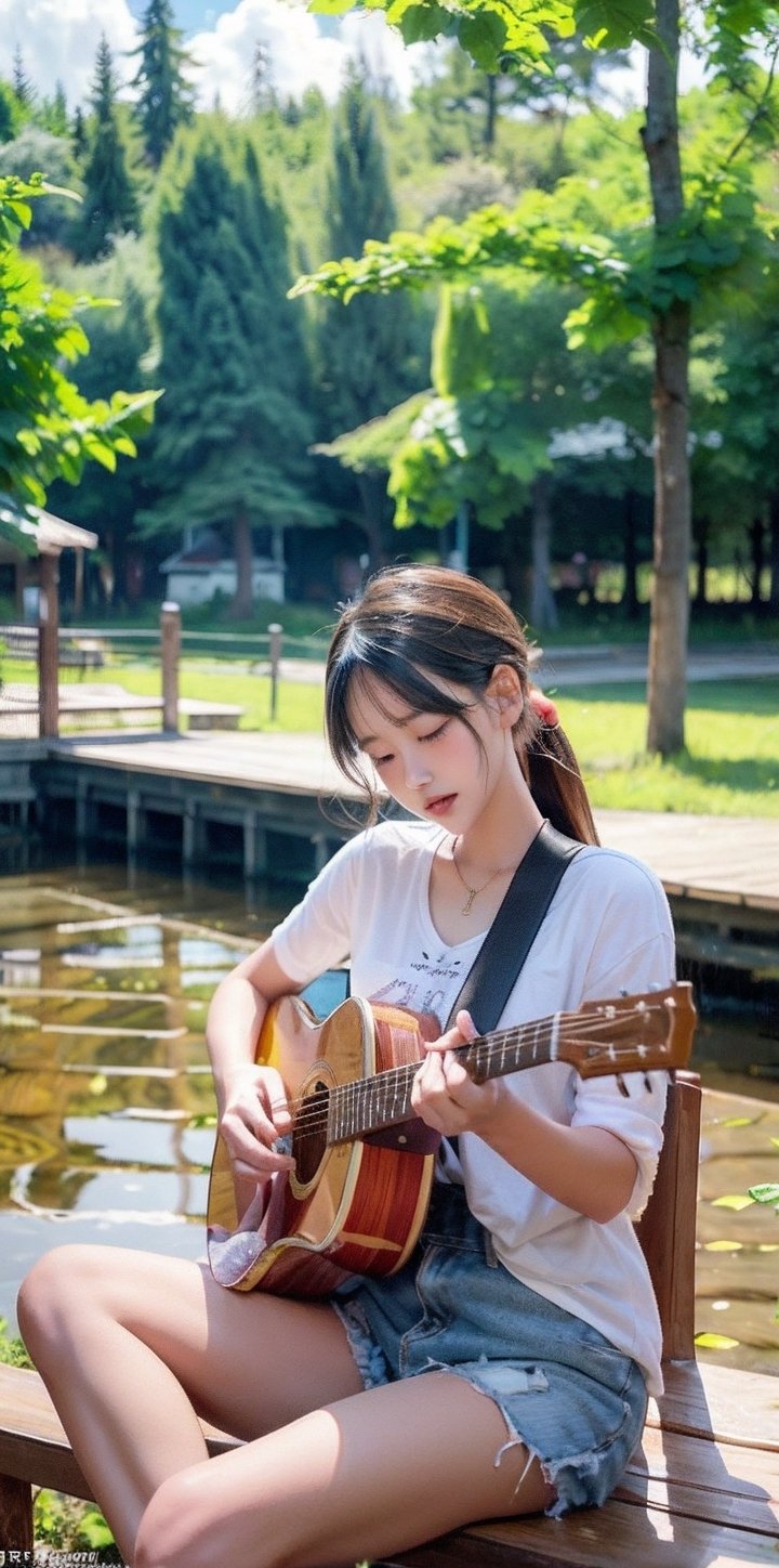 a young girl playing the guitar, fingers strumming the strings, sitting on a sunlit wooden dock by a serene lake, surrounded by tall green trees, a gentle breeze ruffling his hair, with a guitar pick nestled between his fingers, capturing a moment of musical passion and connection to nature, in a style reminiscent of classical oil paintings,pastelbg,purple cherry blossoms, tranquil scene, far_view, 