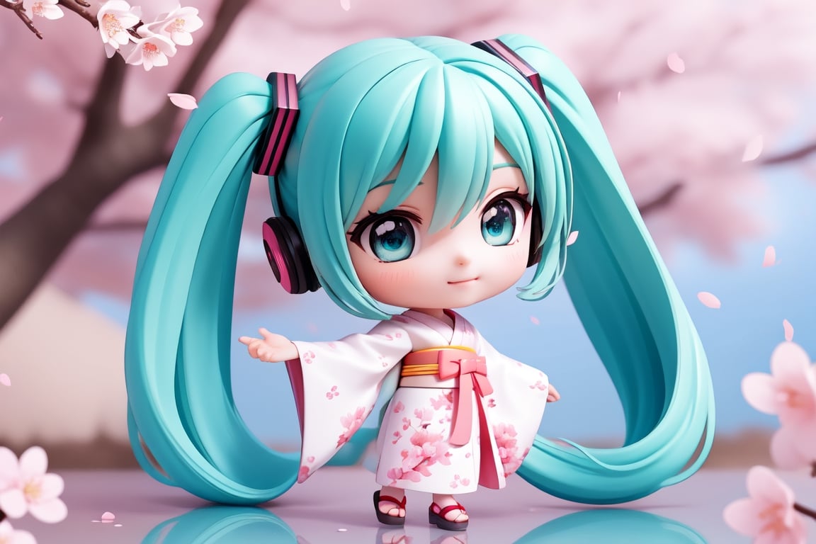 ((1 female)), Hatsune Miku, petite girl, full body, chibi, 3D figure little girl, green hair, twintails, beautiful girl with attention to detail, beautiful delicate eyes, detailed face, beautiful eyes, cherry blossom pattern Kimono, dynamic beautiful pose, cherry blossom viewing, cherry blossoms, cherry blossom petals, natural light, ((real) ) quality: 1.2 )), dynamic long distance shot, cinematic lighting, perfect composition, super detail, official art, masterpiece, (Best Quality: 1.3), Reflection, High Resolution CG Unity 8K Wallpaper, Detailed Background, Masterpiece, (Photorealistic): 1.2), Random Angle, ((Cherry Blossom Print Kimono 1.4)), Side Angle, Chibi, Full Body , mikdef.