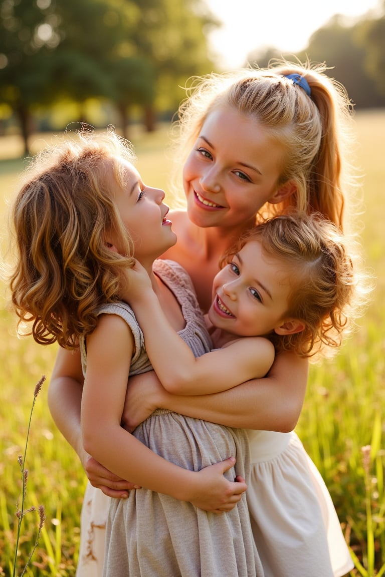 A warm and cozy snapshot captures three sisters embracing in a sun-drenched meadow. The eldest sister, her long blonde hair tied back in a ponytail, wraps her arms around her siblings. Her middle sister, with curly brown locks, gazes up at her big sister with a look of adoration. The youngest, with a mop of messy red hair, giggles and squirms free from the embrace, her bright blue eyes sparkling with mischief. Soft afternoon light casts a warm glow on their smiling faces as they bask in each other's company.