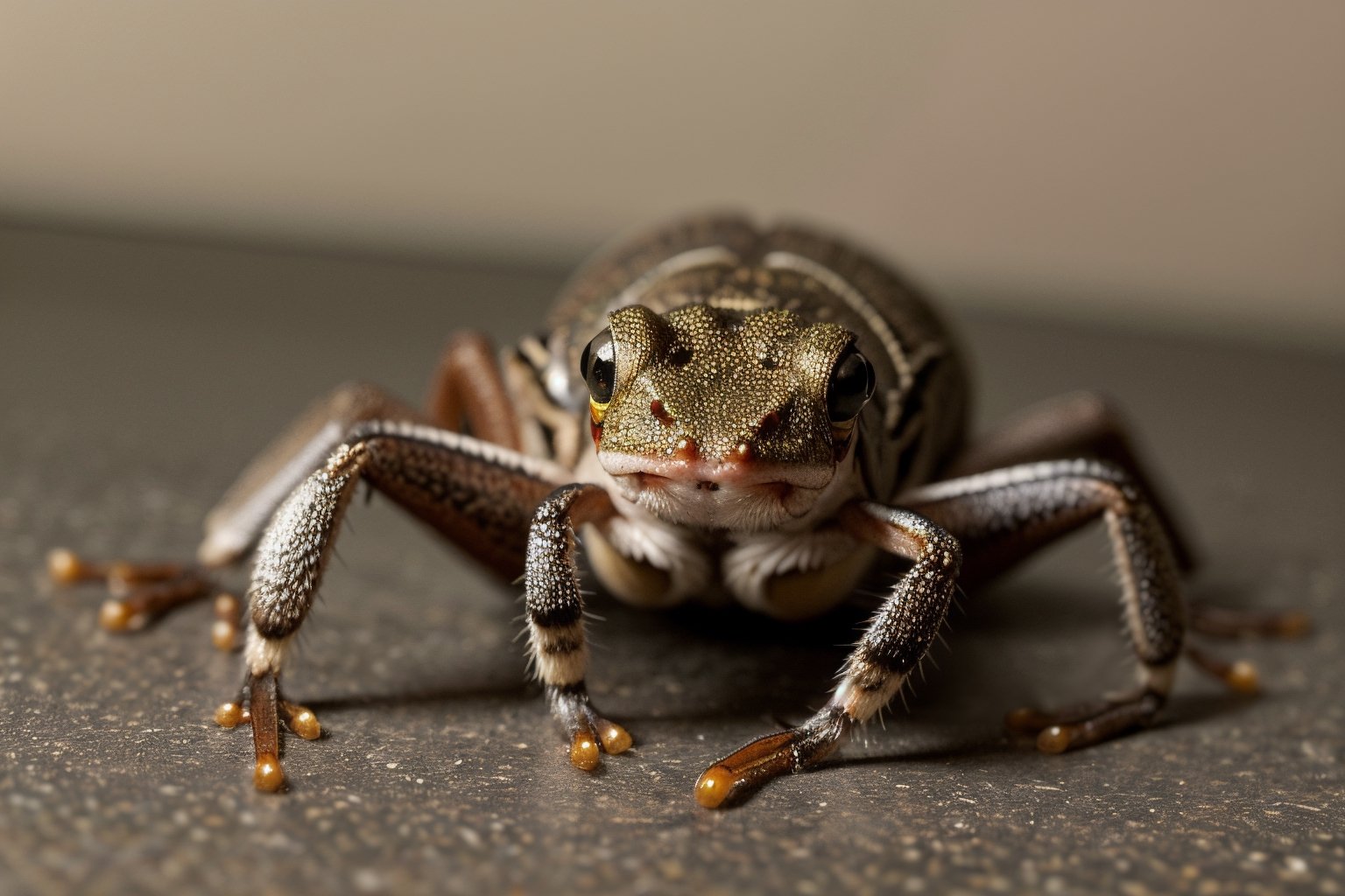 (best quality, 8K, ultra-detailed, masterpiece), (ultra-realistic, photorealistic), A Wolf Spider body, hair eyes, and legs but with a Red-Eyed Tree Frog's skin and eye colors and textures.  The body will be that of a Wolf Spider, but will not have any brown skin tones or black eyes.  The Wolf Spider's body will have the vibriant skin color and detailed skin texture of a Red-Eyed Tree Frog.  The Wolf Spider will have all it's multiple set of eyes, but with the coloring of the Red-Eyed Tree Frog instead of the Wolf Spider's trademark solid black.  Craft an awe-inspiring 8K masterpiece showcasing a Wolf Spider's body with the anatomically correct number of eyes and legs of a Wolf Spider along with the Wolf Spider's long hairs, but it will bare the markings and colorings with extremely realistic and detailed Red-Eyed Tree Frog's coloring, skin texture, The Wolf Spider's unnerving multiple sets of eyes which are four small eyes in the lowest row, two very large eyes in a middle row, and two medium-sized eyes in a top row on the Wolf Spider's head and are stariing directly at the camera, but the color of the eyes are not black but while the eyes are the same size of eyes and at the same location on the head of a Wolf Spider the eyes have the coloring a Red-Eyed Tree Frog. The jaws are prominent and strong.will be present but instead of brown toned they will have the coloring of the Tree Frog.  Ensure meticulous detail in the Wolf Spider's body, legs, hair, number of eyes but replace the Wolf Spider's normal brown tones with the Red-Eyed Tree Frog's skin vibrant color, and skin texture, and elegant movement. This artwork should capture the Wolf Spider's enigmatic nature, revealing its unique beauty with the Wolf Spider presence but with the Red-Eyed Tree Frog's colors with unparalleled realism. make the Wolf Spider a stunning and unforgettable subject showing the entire spider's body from head to toe as it shows its Red-Eyed Tree Frog's vibrant skin colors and eye colors.  The background will be obviously in the Wolf Spider's natural habitat. The surface in the Spider's natural habitat's texture will be in impressive detail and realism. 