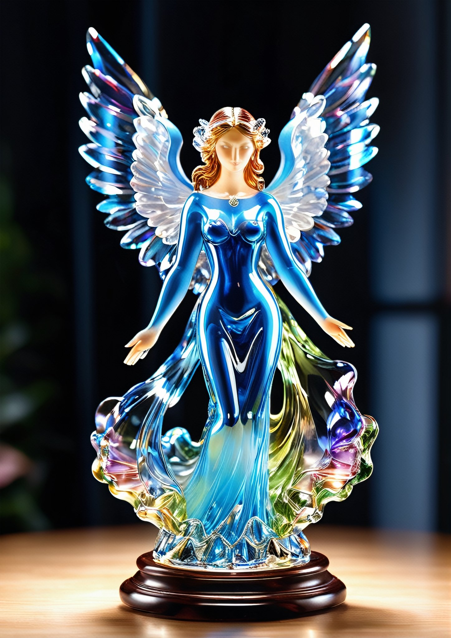 stunningly pretty angel made of 100% of blown and shaped glass. the glass has colors mixed into it in order to bring our the realistic glass sculpture artisans artist craftsmanship of the glass angel figure. the attention to detail of the glass angel is mind blowing.

her wings are spread. there is a hint of opalescence deep inside the glass figurine. 

it is on a impressive display shelf made of stunning Asian Satinwood texture. it is deeply dark in the room. the only light is the light that is shinning from the wooden base the glass angel is placed upon, the light is shining from the wooden base up through the glass angel. the light emulating from the glass angel is casting dramatic and interesting patterns of light and shadows on everything around it. 
