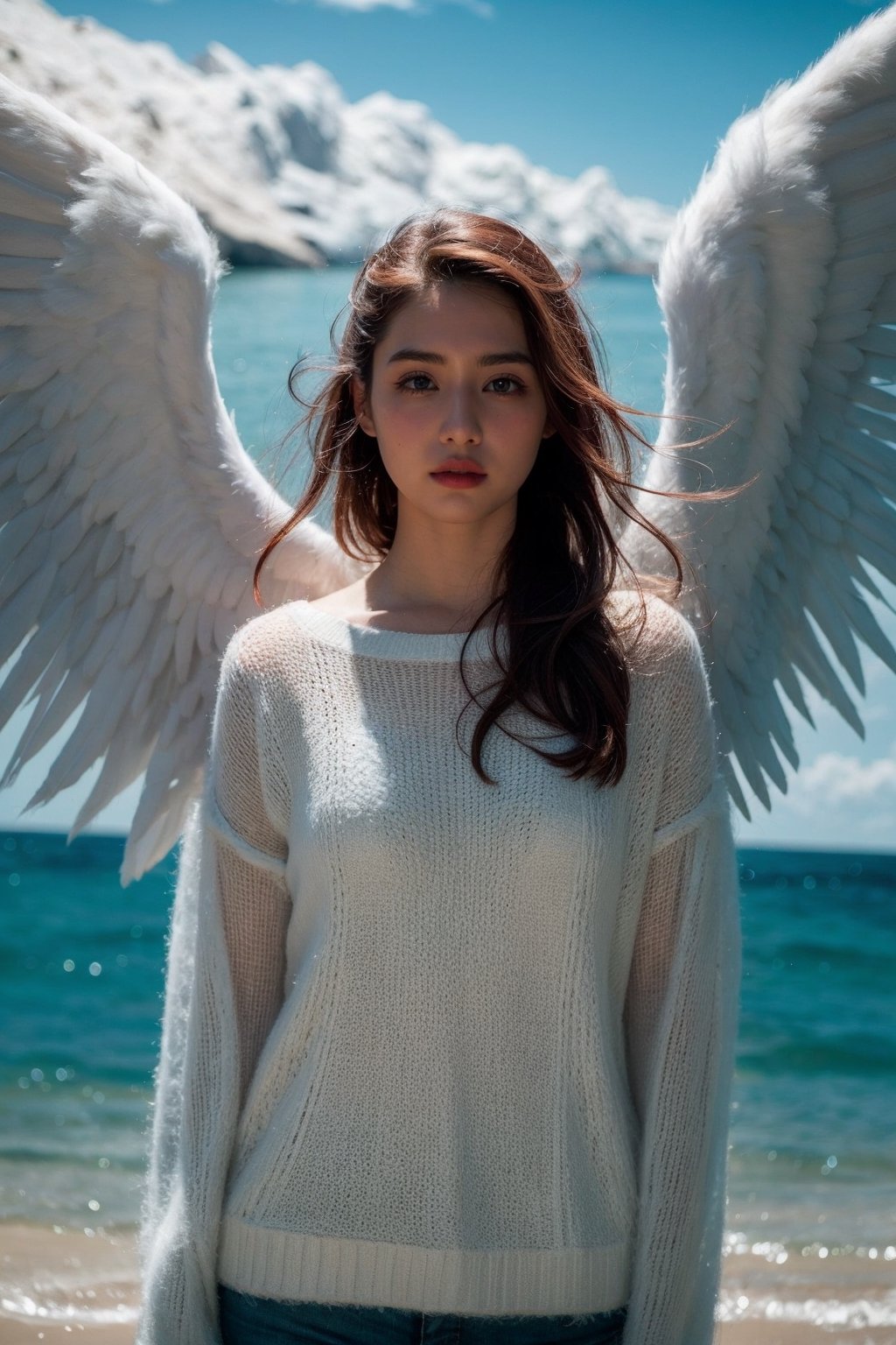 Realistic photography, beautiful angel , heavenly sky
