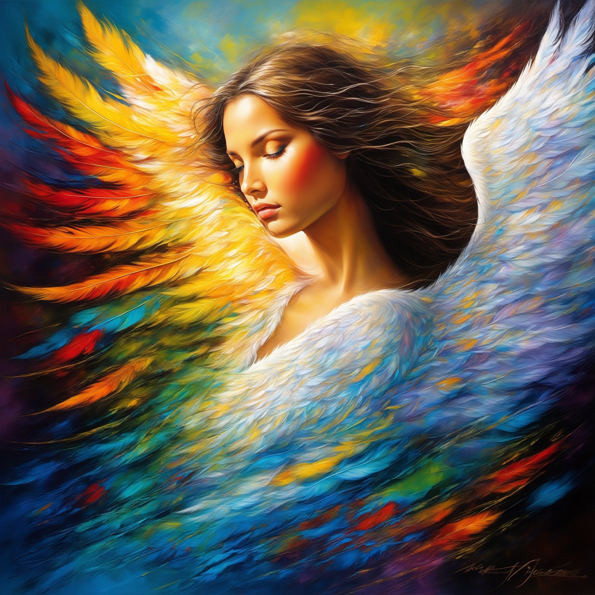 Bold strokes and thick paint capture the essence of an angel's grace. Flowing lines suggest a background of feathered wings, while vibrant dabs of color radiate from the focal point. The central form is loosely defined by energetic brushwork, evoking a young woman with compassion in her eyes. Light peeks through the texture in ethereal streams. The mood is quiet reverence, emphasized by minimal distinguishable details. Overall, the poignant impressions and luminous textures express the holy manifested in the mundane. Abstract elements combine in poetic celebration of human connection channeling the divine.